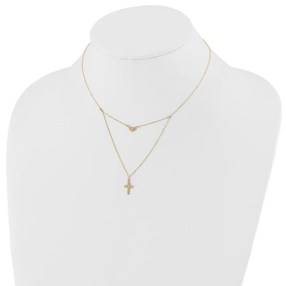 14k Polished 2-Strand Diamond-cut Cross and Heart 16 inch Necklace Plus 2 inch Extender