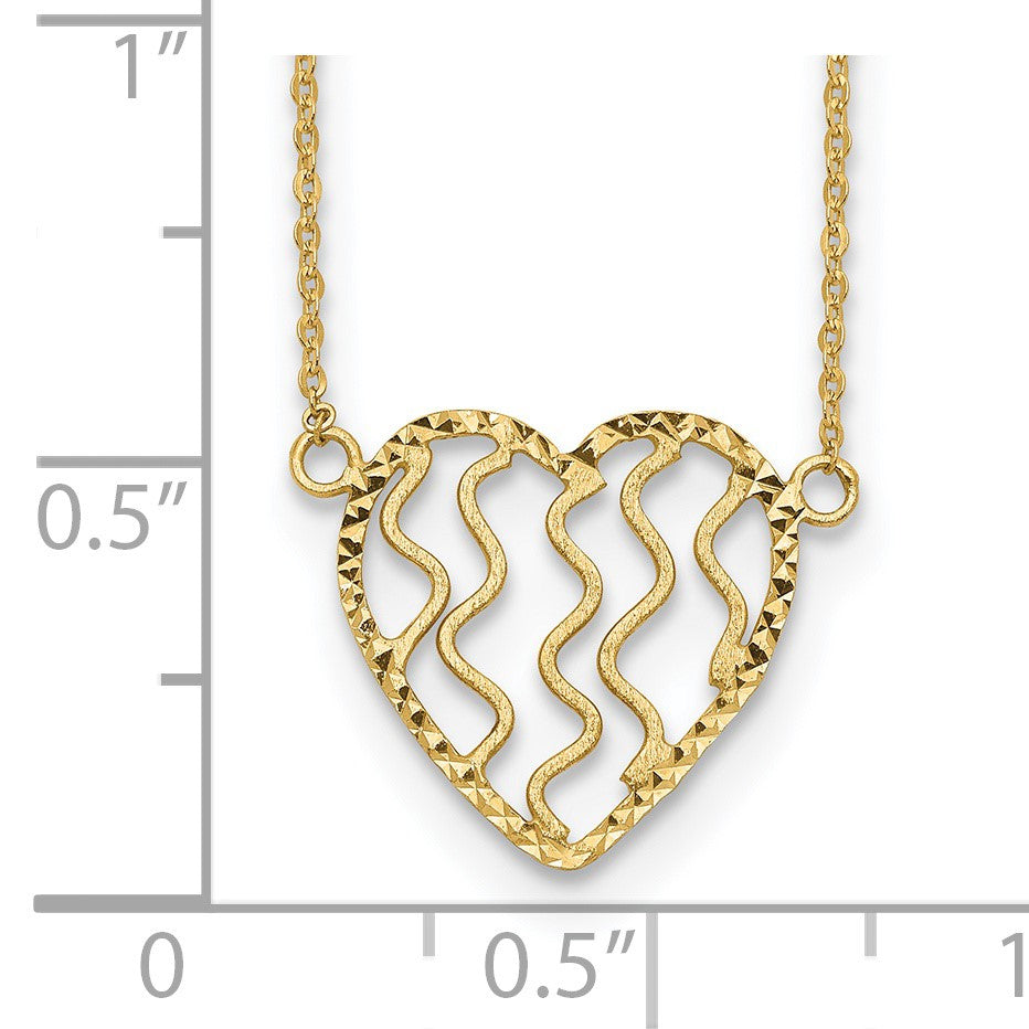 14k Polished Satin and Diamond-cut Heart 18 inch Necklace