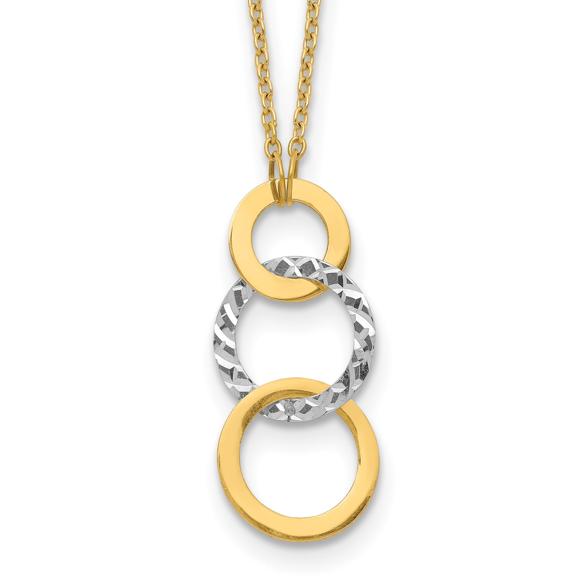 14k Two-tone Polished and Textured 3-Circle Dangle 17 inch Necklace