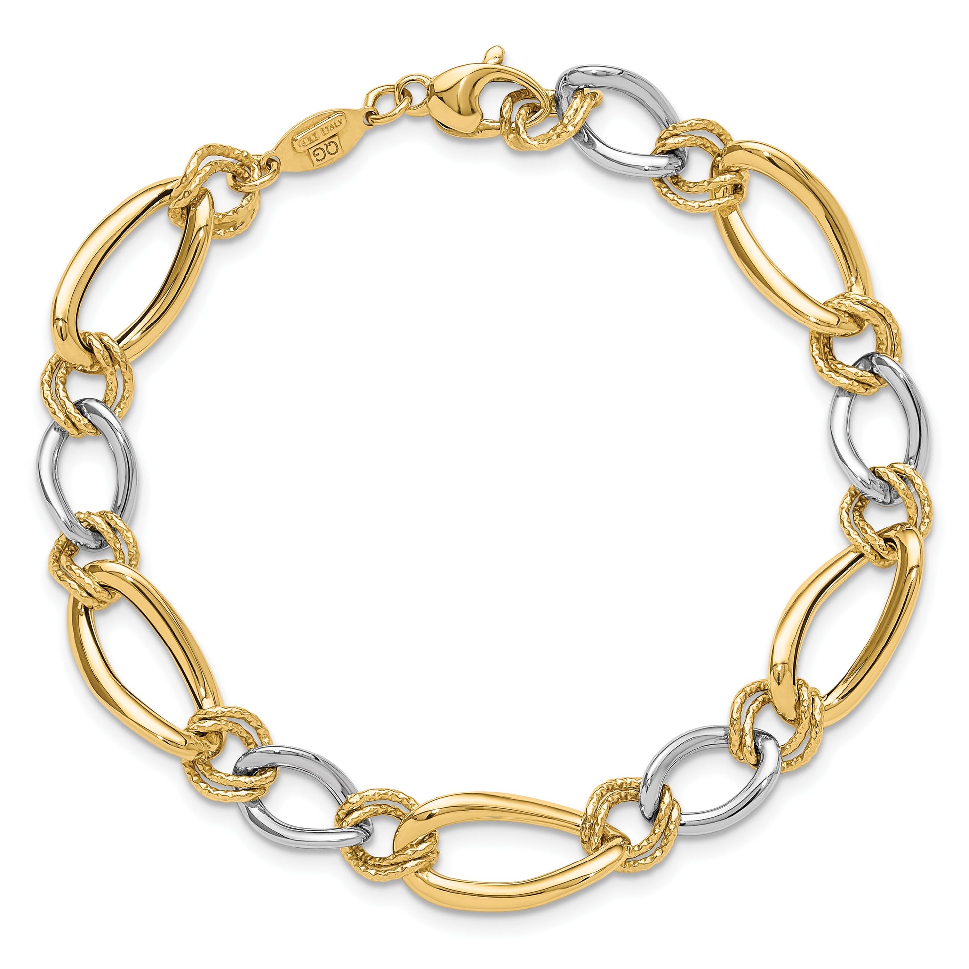 14K Two-tone Polished and Textured Fancy Oval Curb 7.5 inch Bracelet