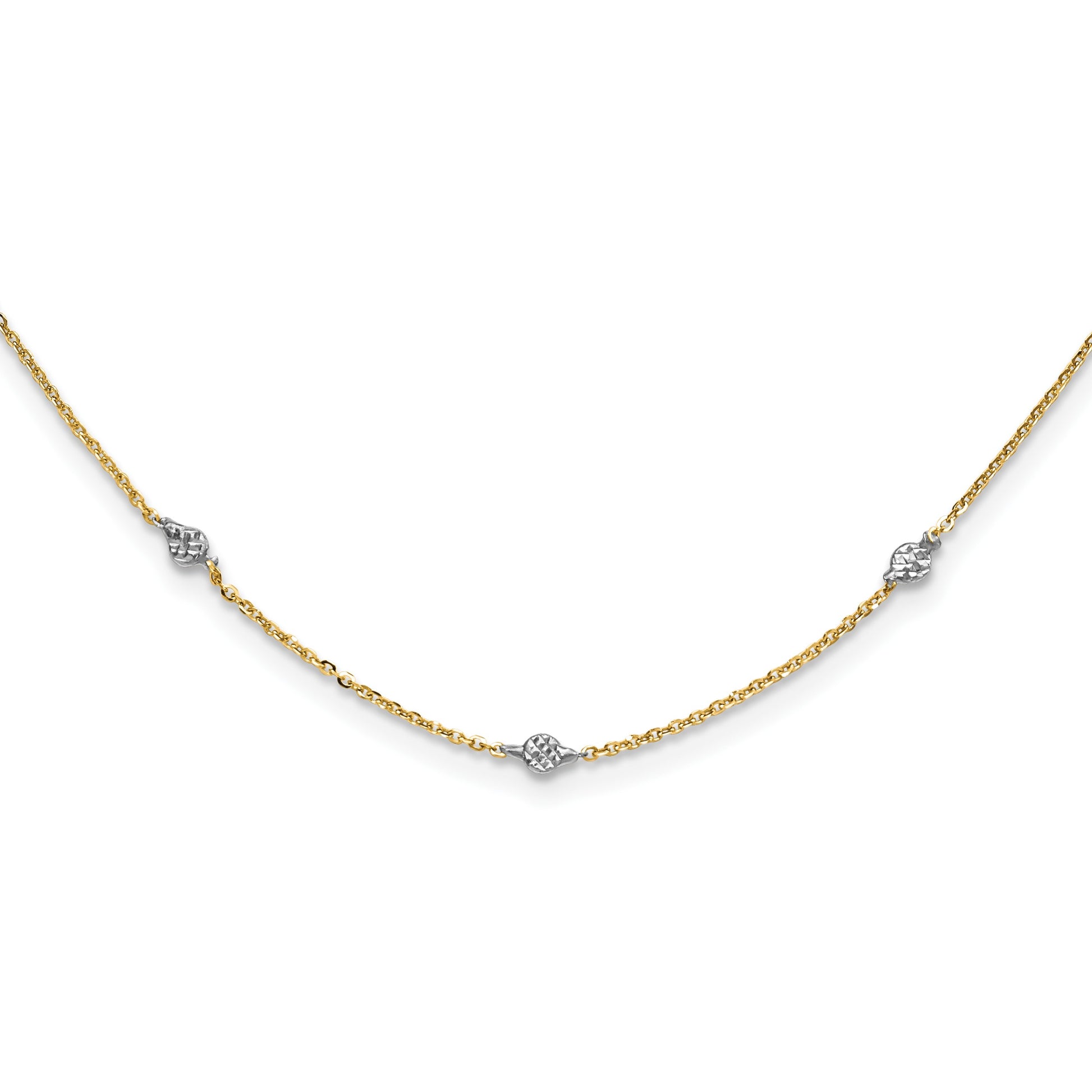 14K and White Rhodium Polished Diamond-cut Discs and Chain 18 inch Station Necklace