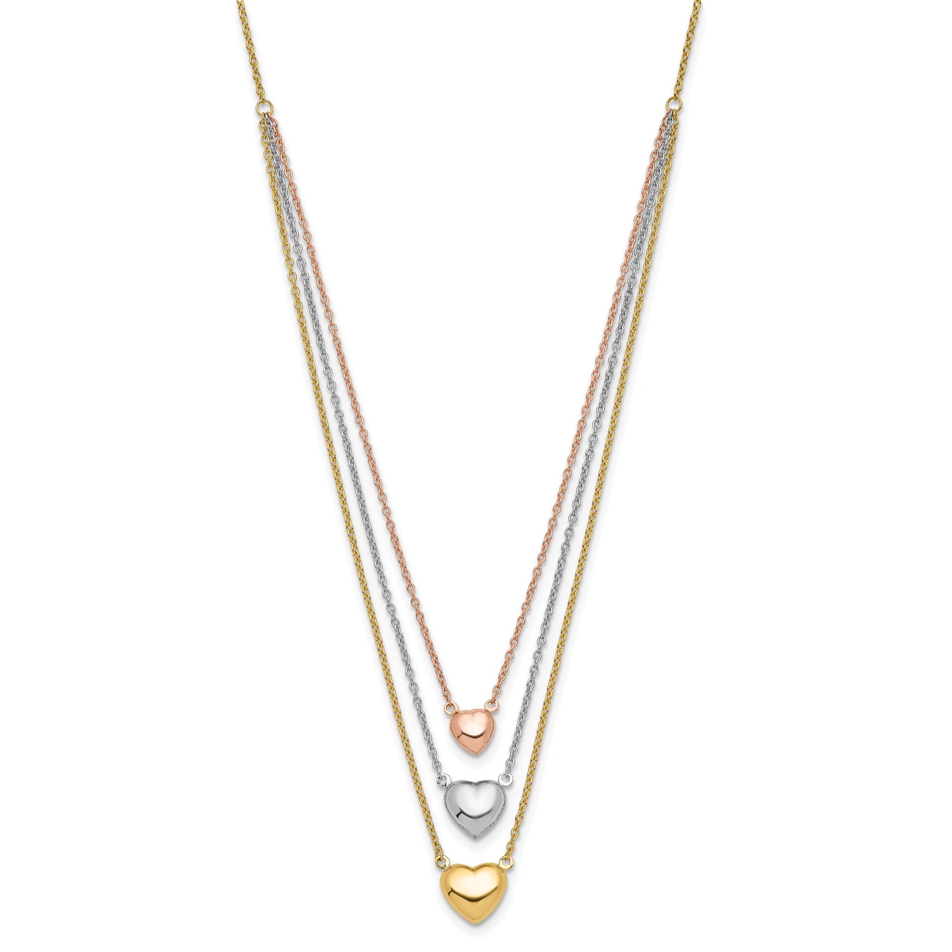 14K Tri-color Three Hearts 16 inch Layered Necklace Plus 1 inch Extender