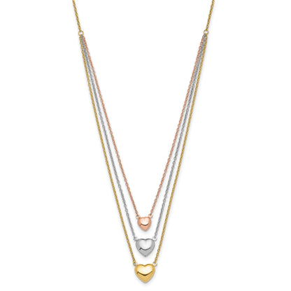 14K Tri-color Three Hearts 16 inch Layered Necklace Plus 1 inch Extender