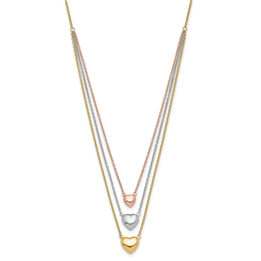 14K Tri-color Three Hearts 16 inch Layered Necklace Plus 1 inch Extender