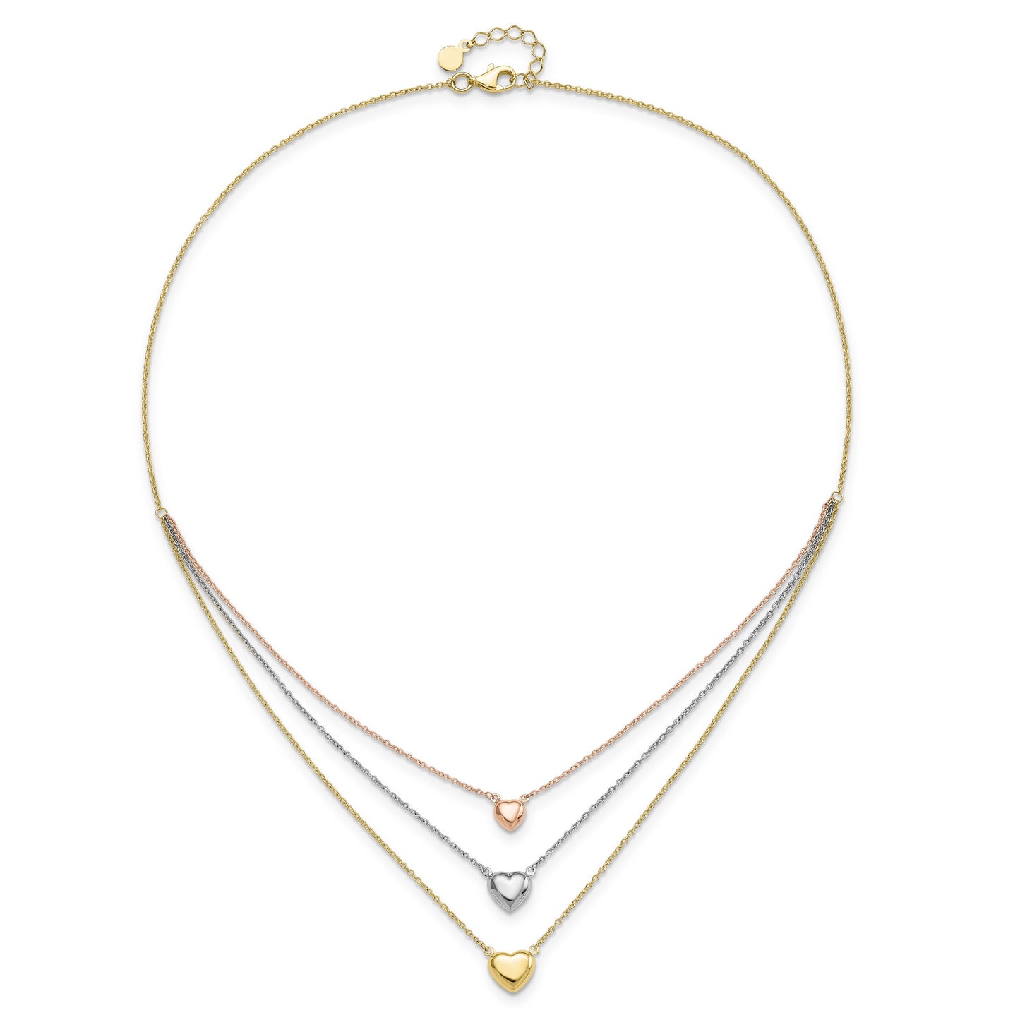 14K Tri-color Three Hearts 16 inch Layered Necklace Plus 1 inch Extender