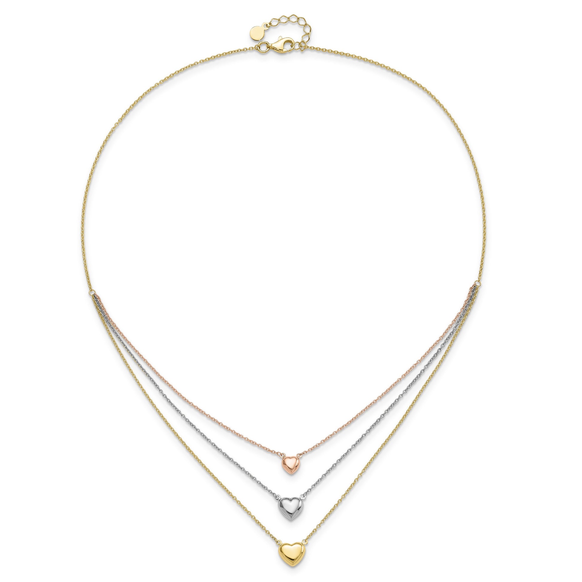 14K Tri-color Three Hearts 16 inch Layered Necklace Plus 1 inch Extender