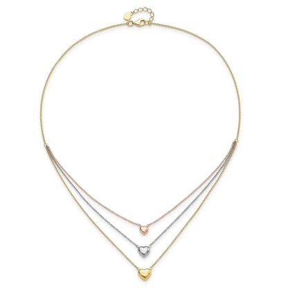 14K Tri-color Three Hearts 16 inch Layered Necklace Plus 1 inch Extender