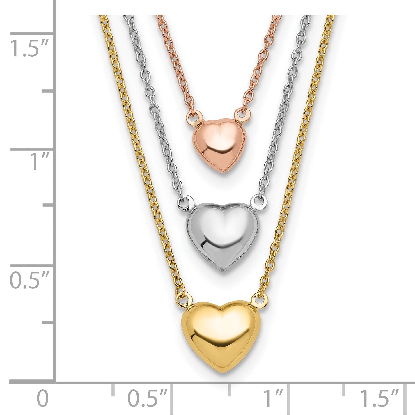 14K Tri-color Three Hearts 16 inch Layered Necklace Plus 1 inch Extender