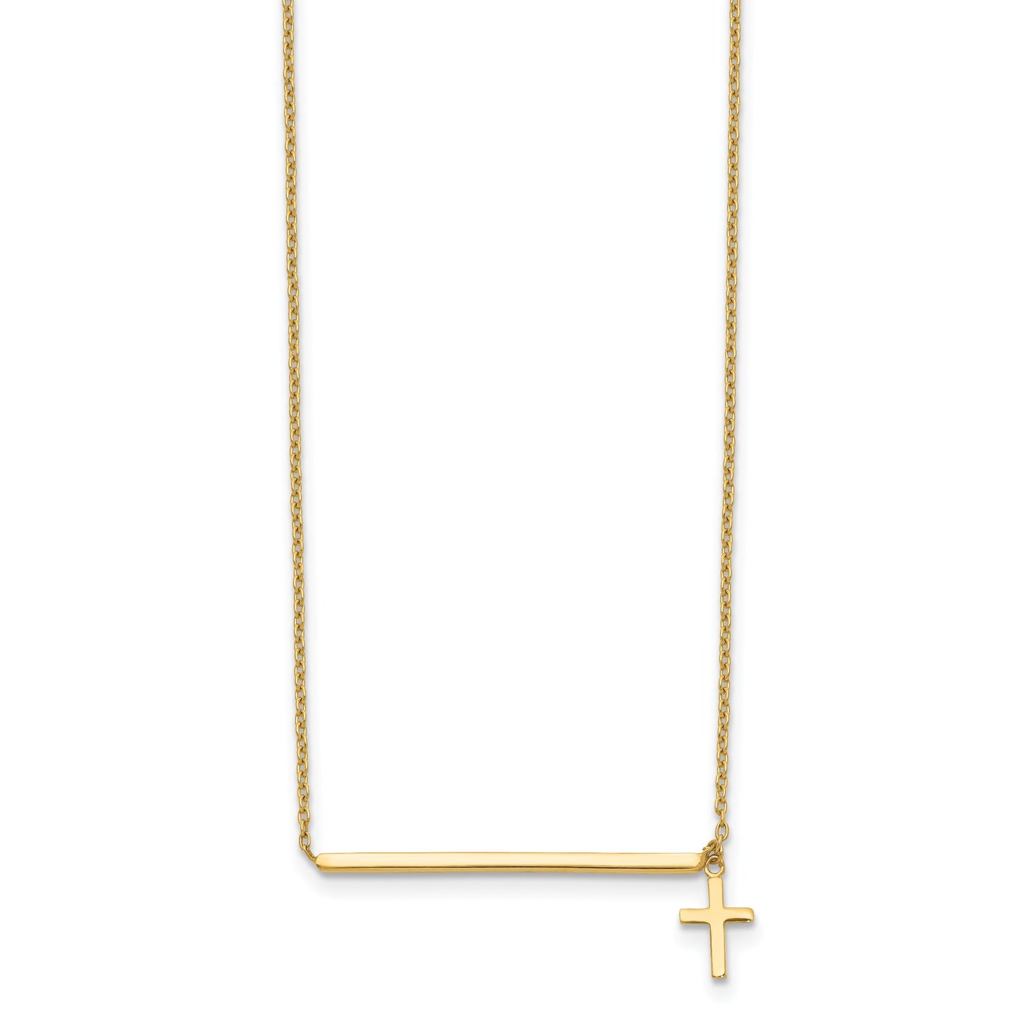 14k Polished Bar with Dangle Cross 13 inch Choker Necklace Plus 2 inch Extender