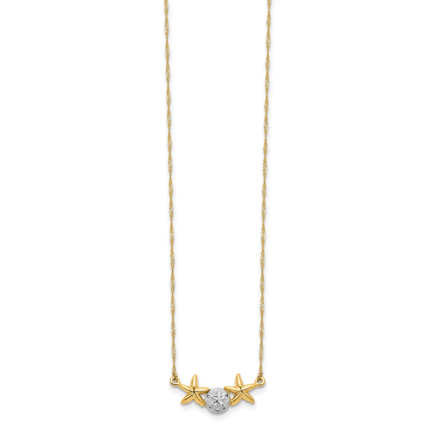 14K with White Rhodium Brushed and Polished Sand Dollar and Starfish 18 inch Necklace