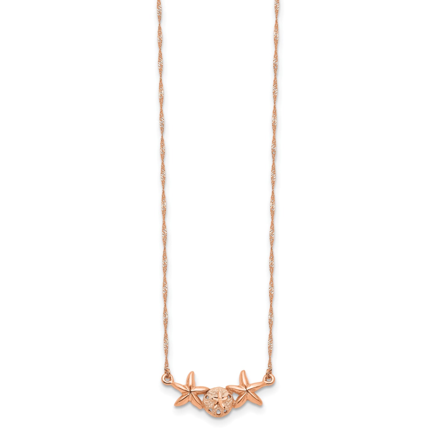 14K Rose Gold Brushed and Polished Sand Dollar and Starfish 17 inch Necklace