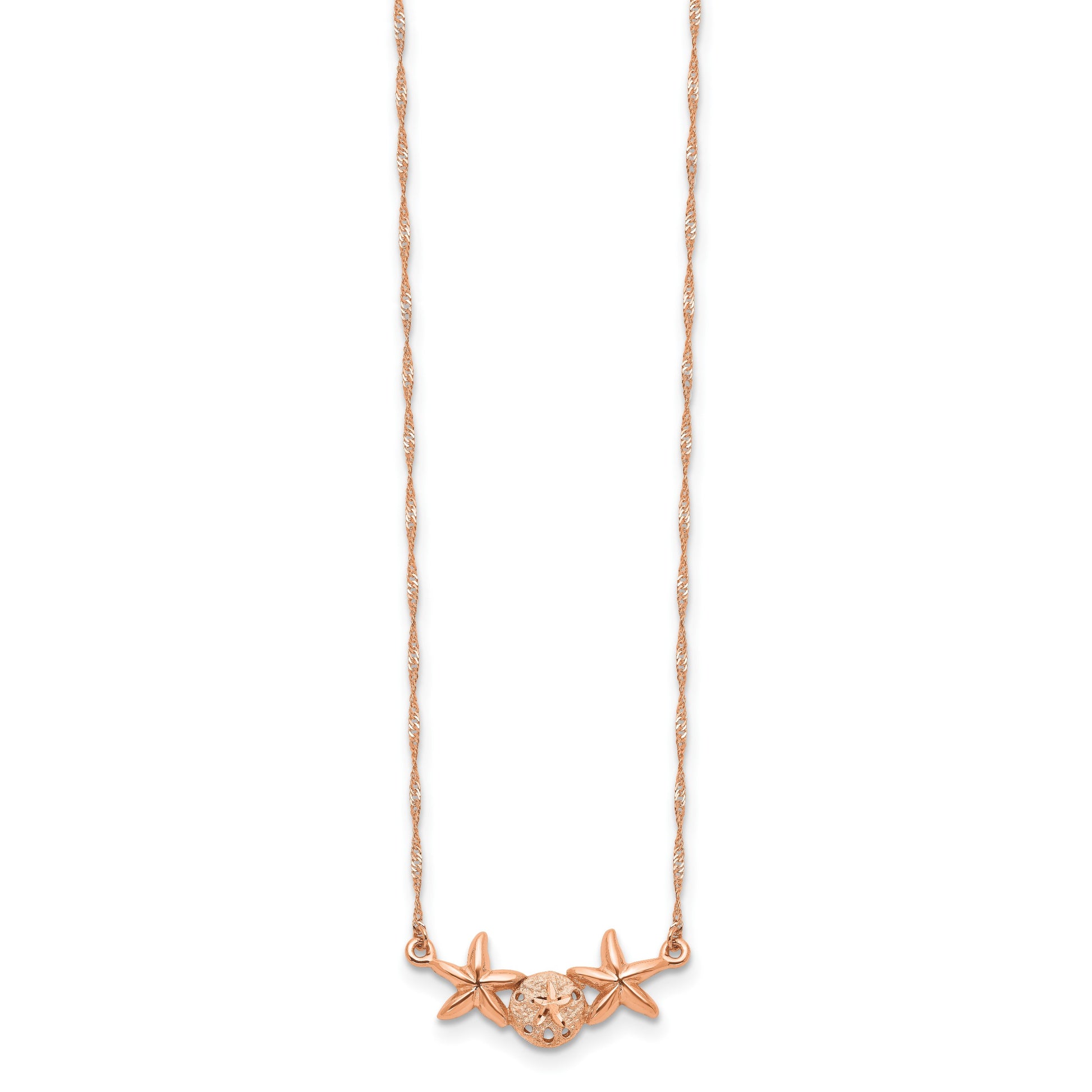14K Rose Gold Brushed and Polished Sand Dollar and Starfish 17 inch Necklace