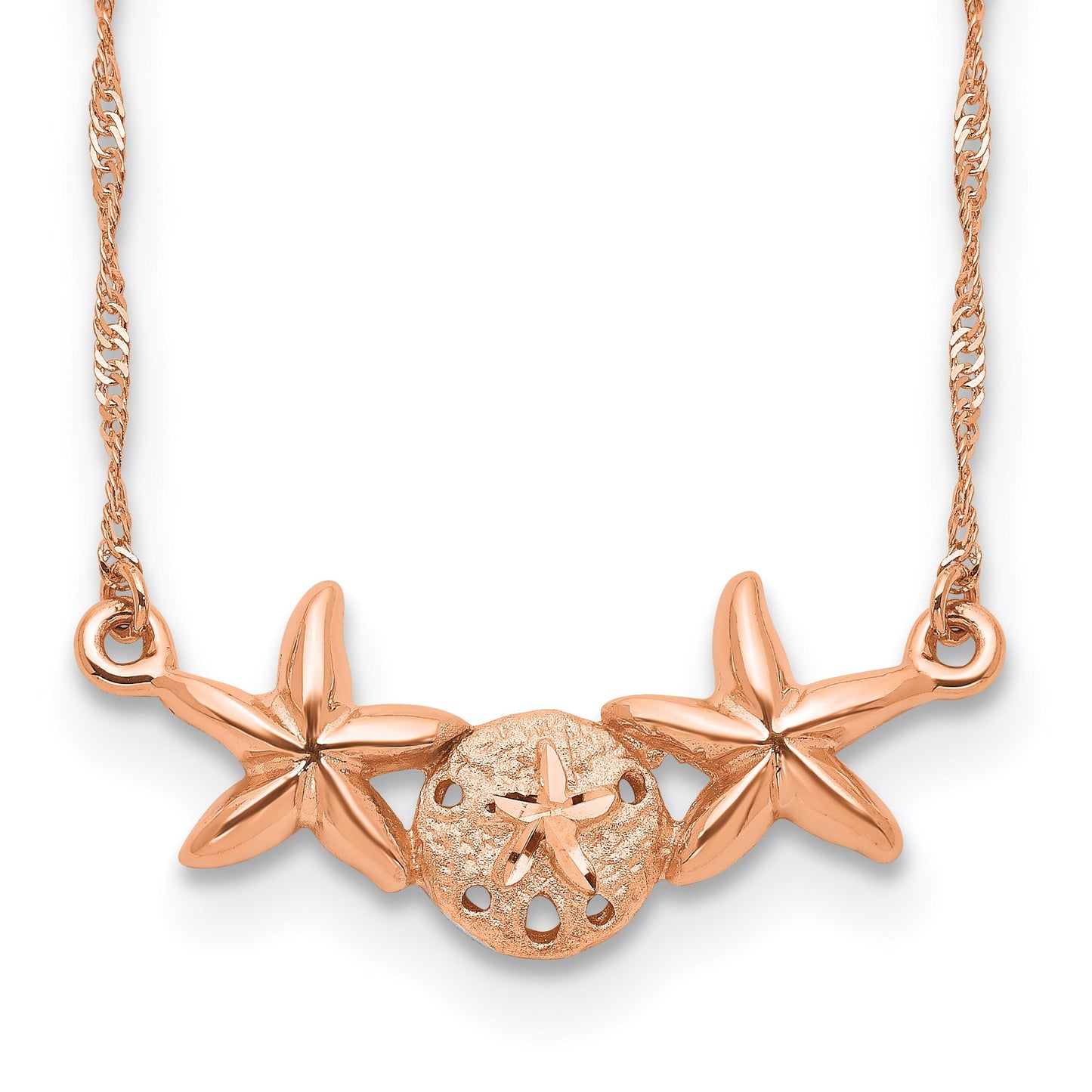 14K Rose Gold Brushed and Polished Sand Dollar and Starfish 17 inch Necklace
