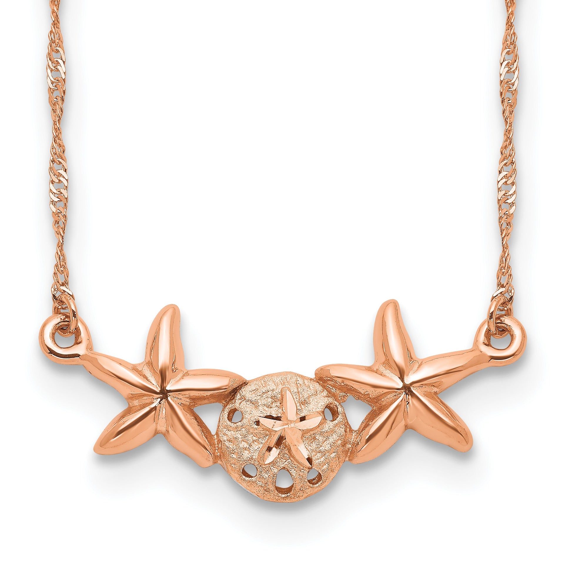 14K Rose Gold Brushed and Polished Sand Dollar and Starfish 17 inch Necklace