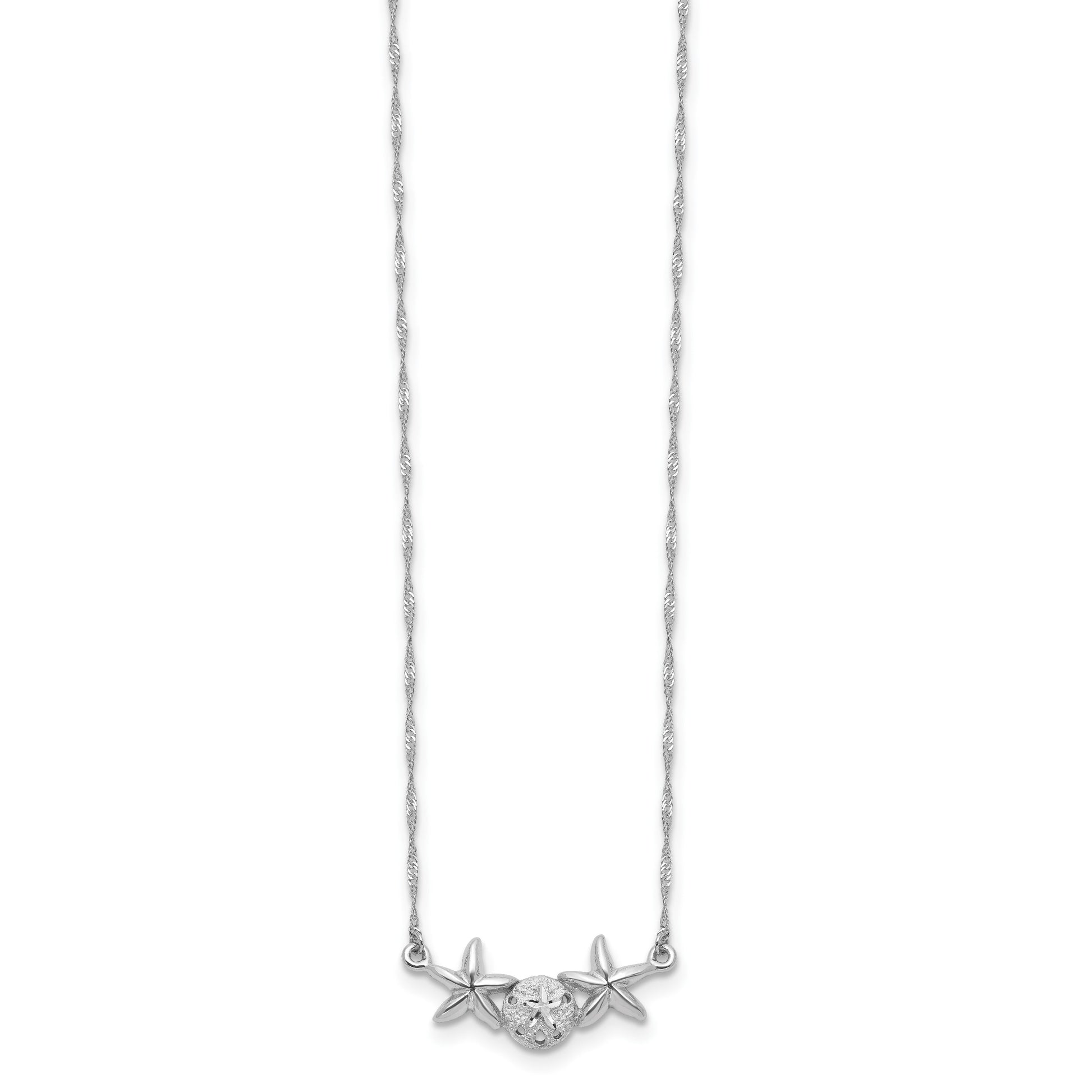 14K White Gold Brushed and Polished Sand Dollar and Starfish 17 inch Necklace