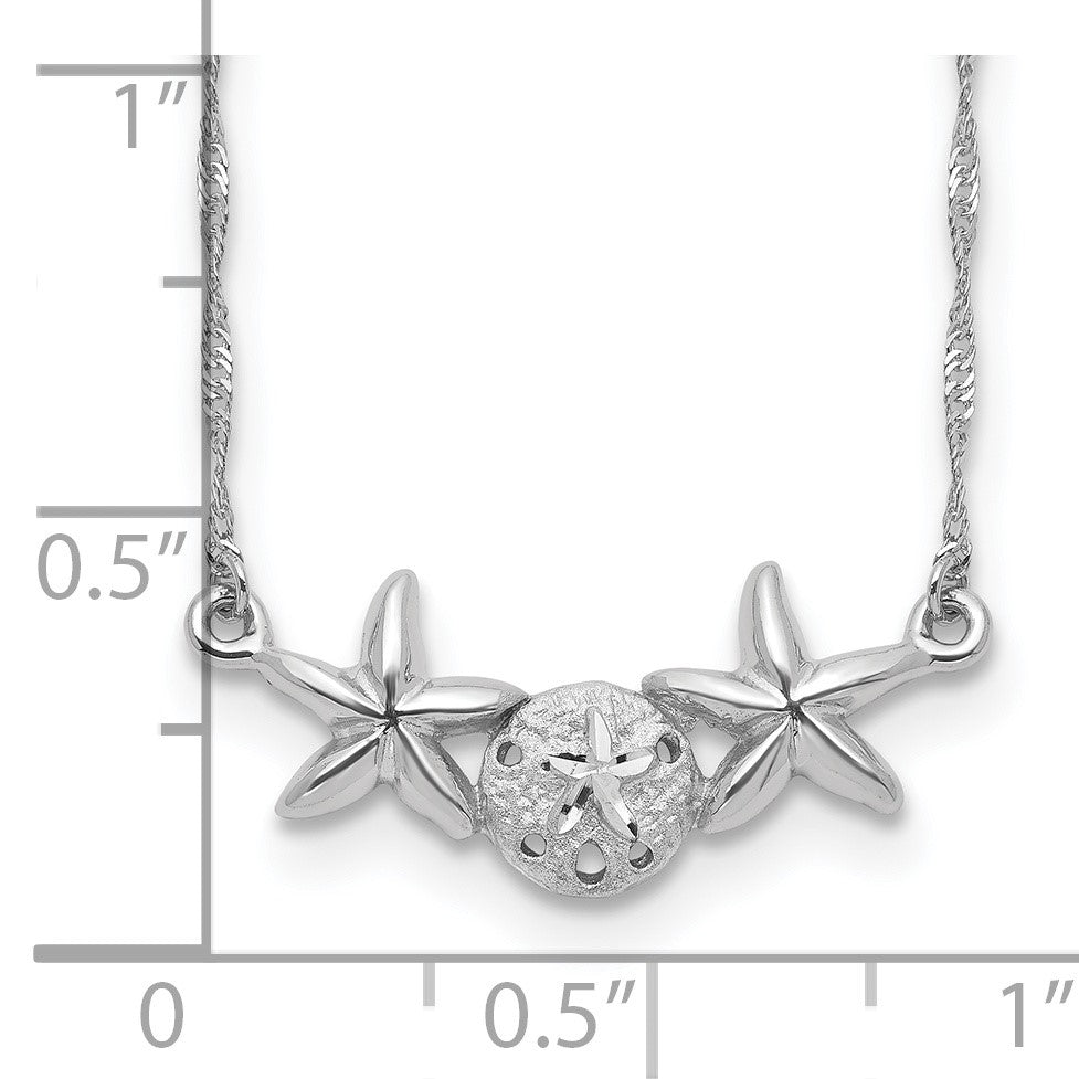 14K White Gold Brushed and Polished Sand Dollar and Starfish 17 inch Necklace