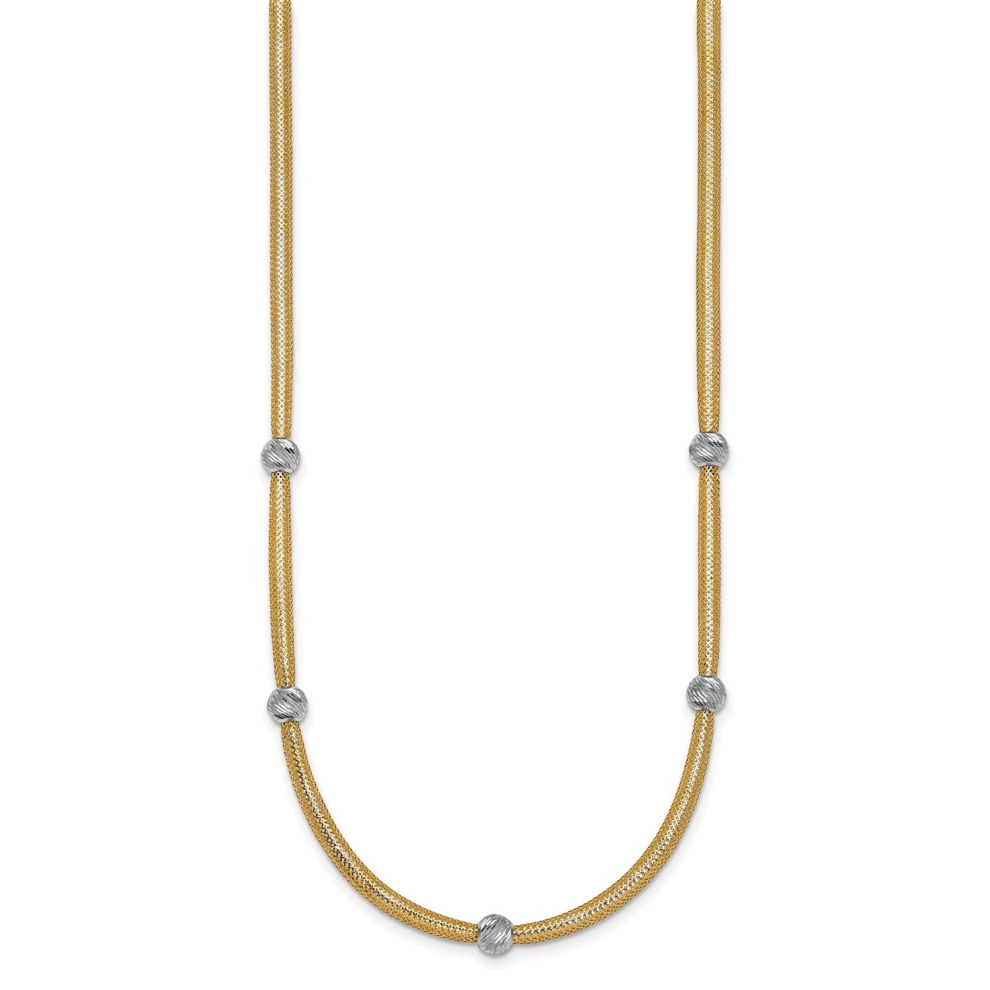 14k Polished with Rhodium 5-Station Diamond-cut Beads 4mm Flexible Mesh 18 inch Necklace