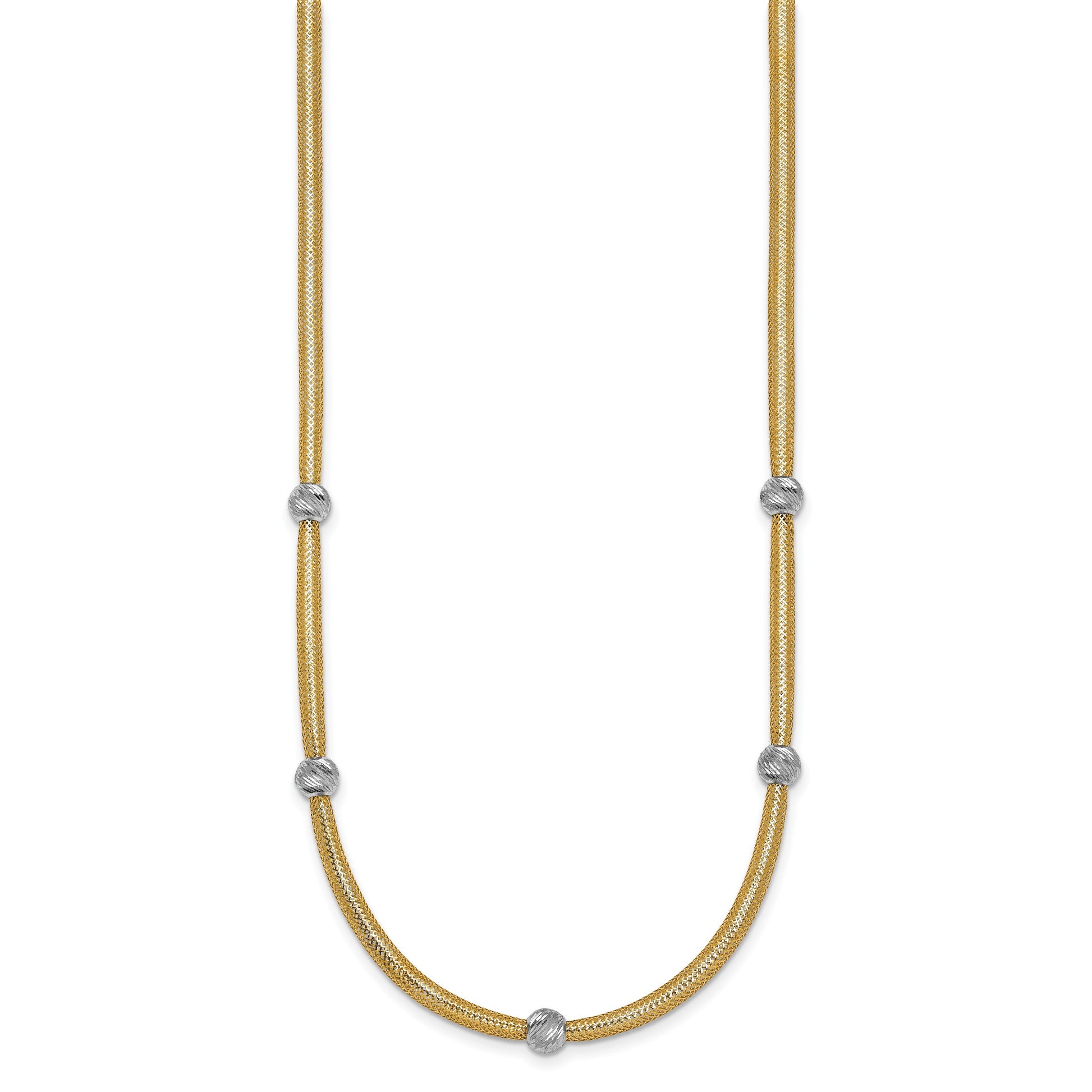 14k Polished with Rhodium 5-Station Diamond-cut Beads 4mm Flexible Mesh 18 inch Necklace