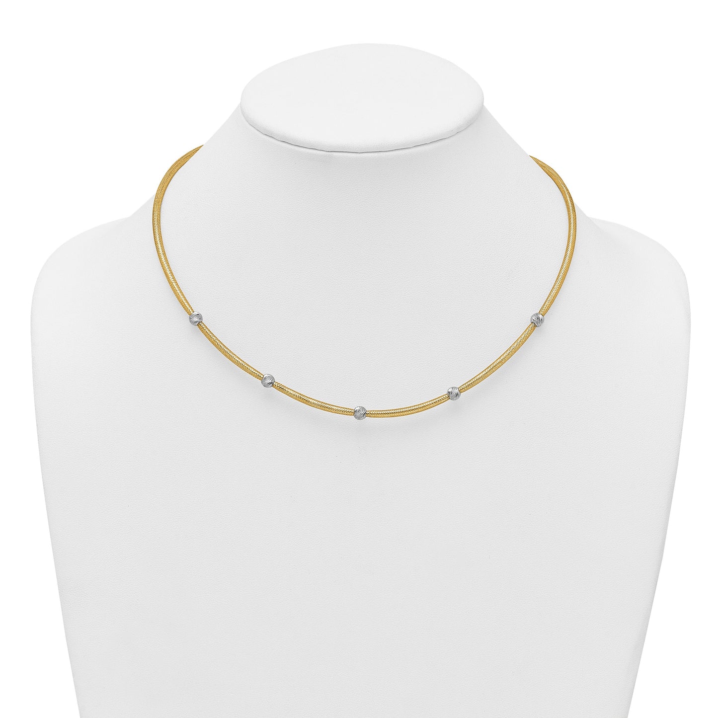 14k Polished with Rhodium 5-Station Diamond-cut Beads 4mm Flexible Mesh 18 inch Necklace
