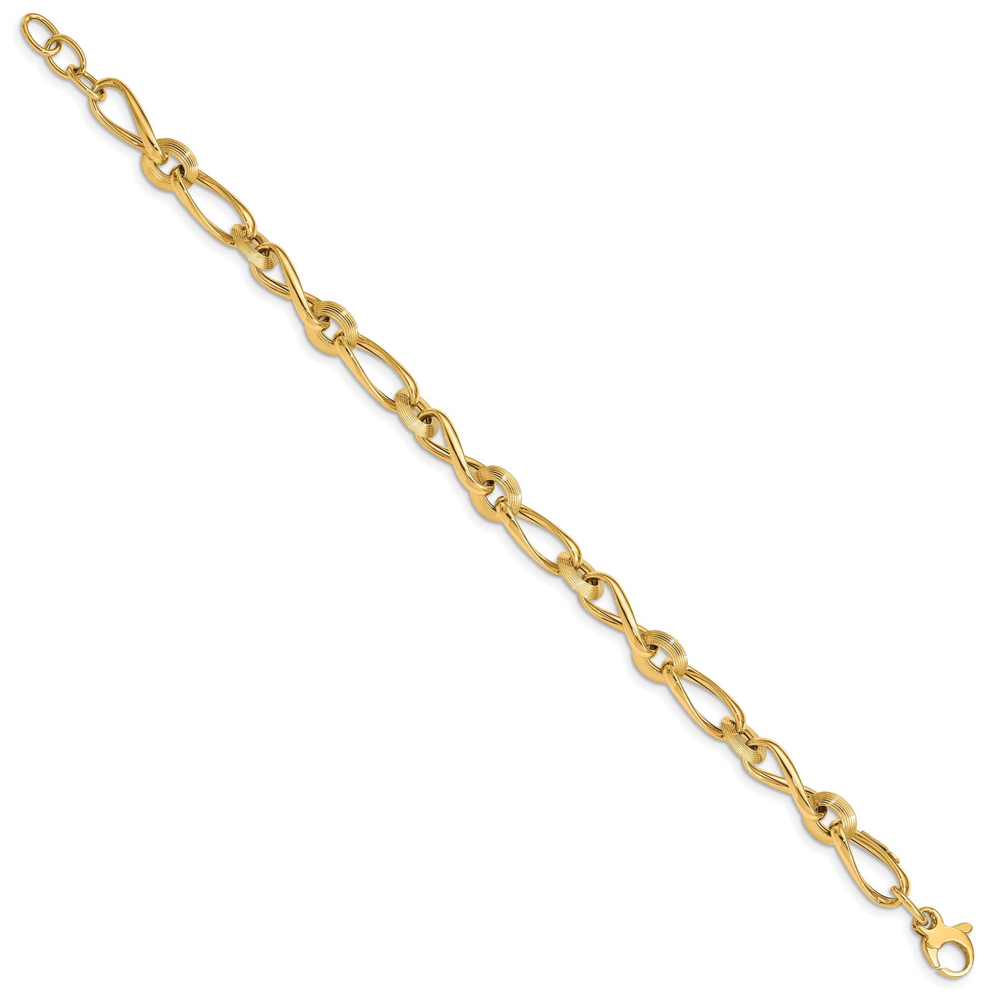14K Polished and Grooved Fancy Twisted Link 8 inch Bracelet Plus 0.5 inch Extender