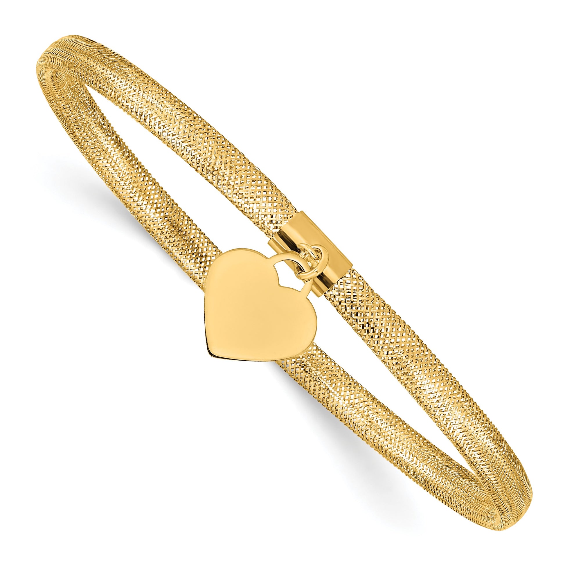 14K 4mm Heart Dangle Woven Mesh Slip-on Stretch Bracelet