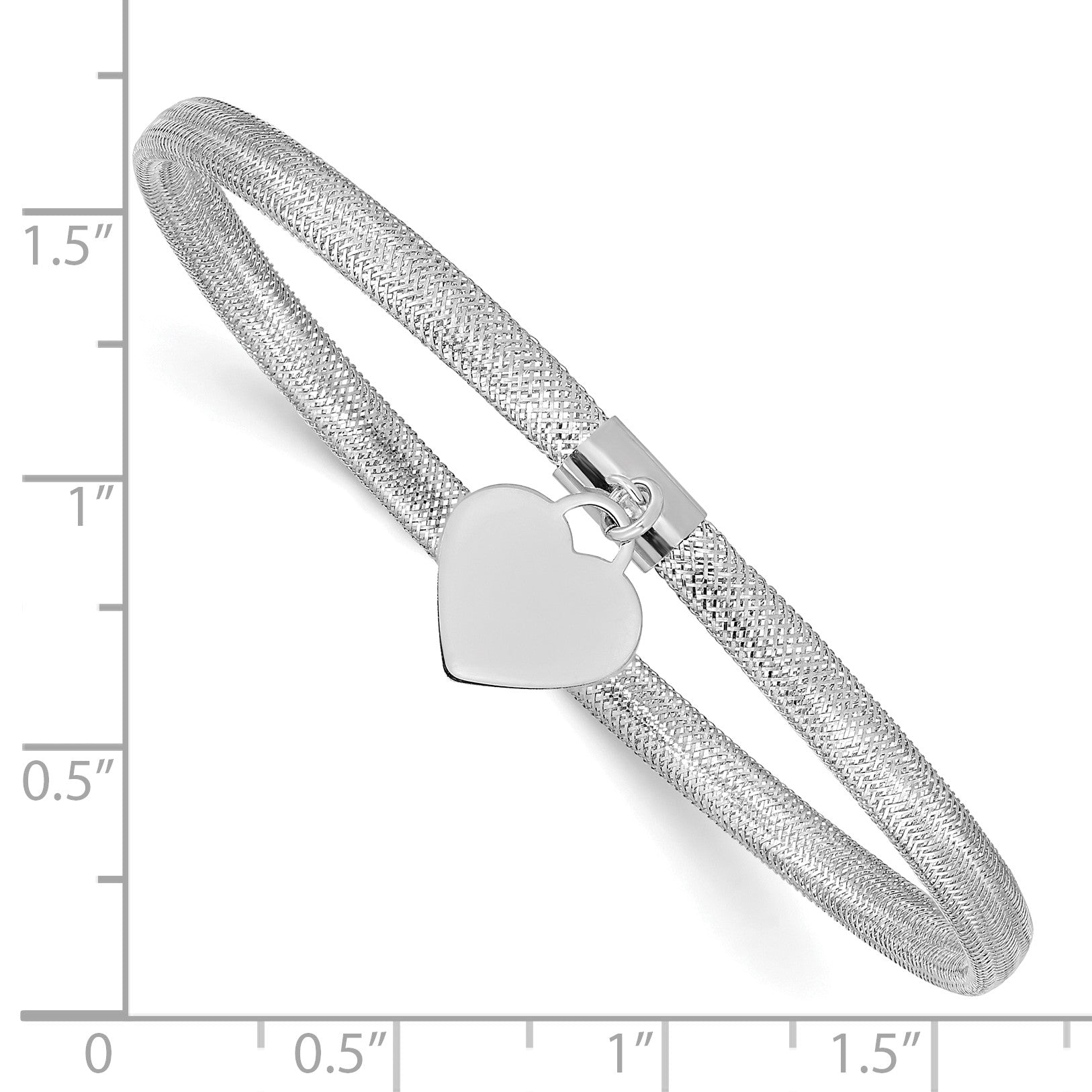 14K with White Rhodium 4mm Heart Dangle Woven Mesh Slip-on Stretch Bracelet
