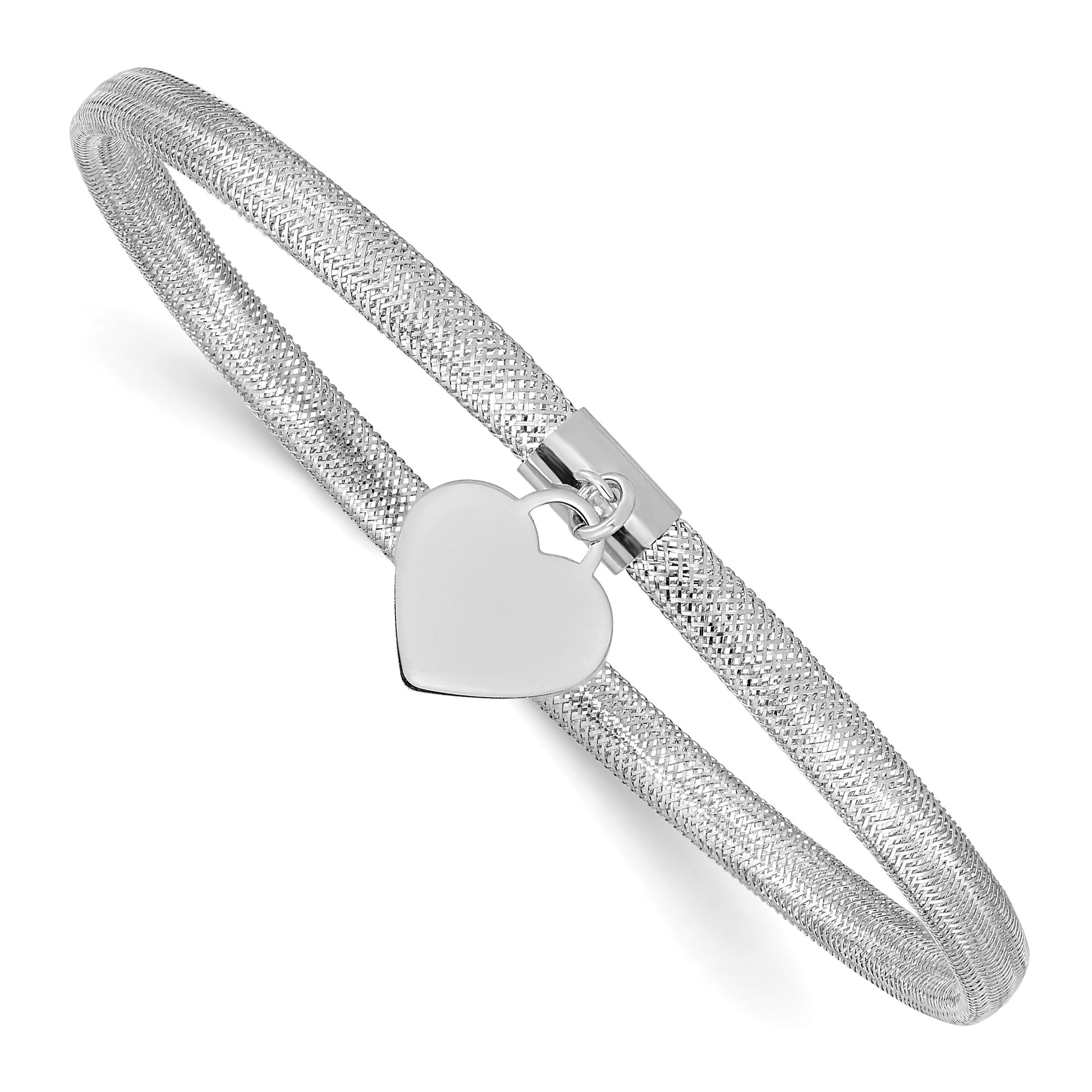 14K with White Rhodium 4mm Heart Dangle Woven Mesh Slip-on Stretch Bracelet