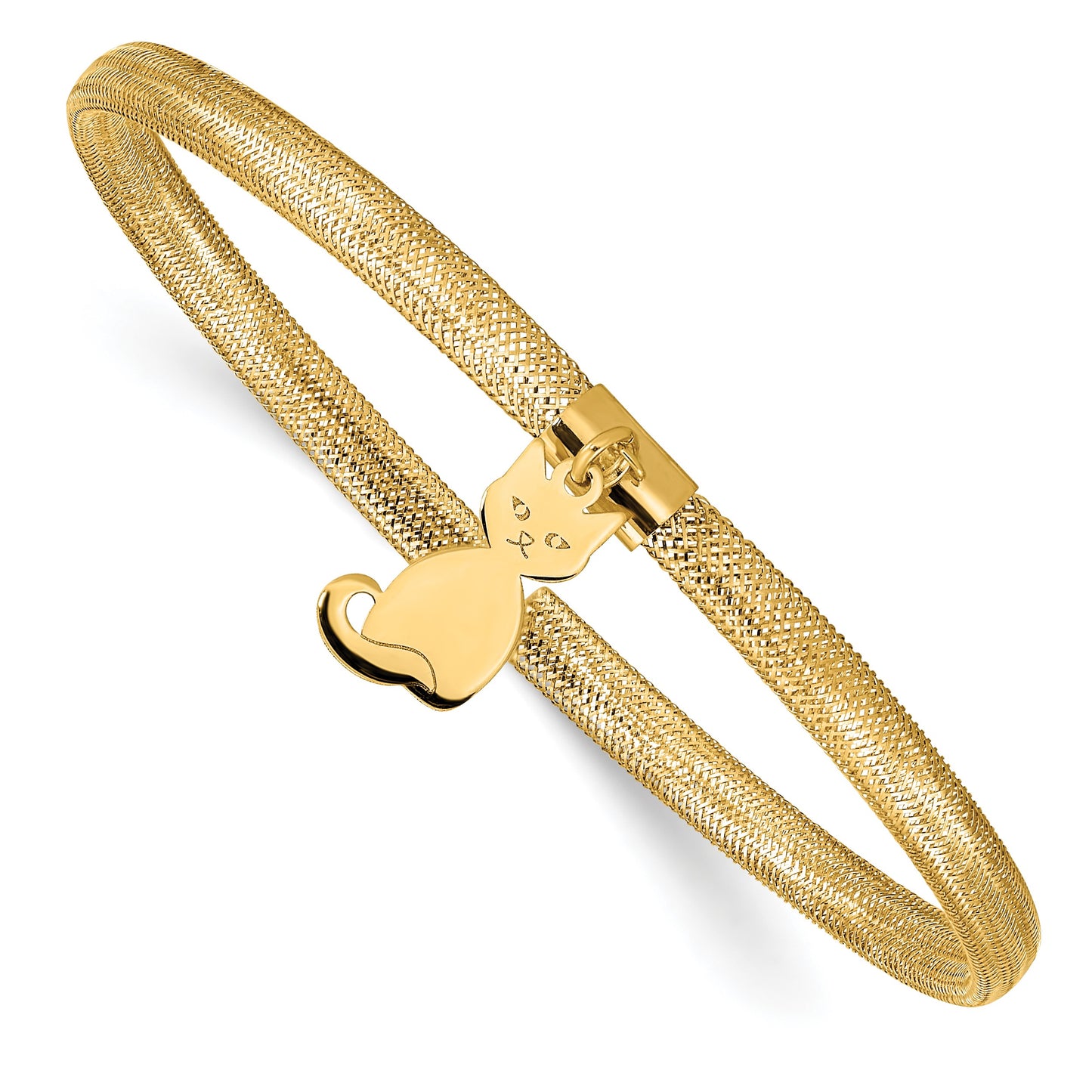 14K 4mm Cat Dangle Woven Mesh Slip-on Stretch Bracelet