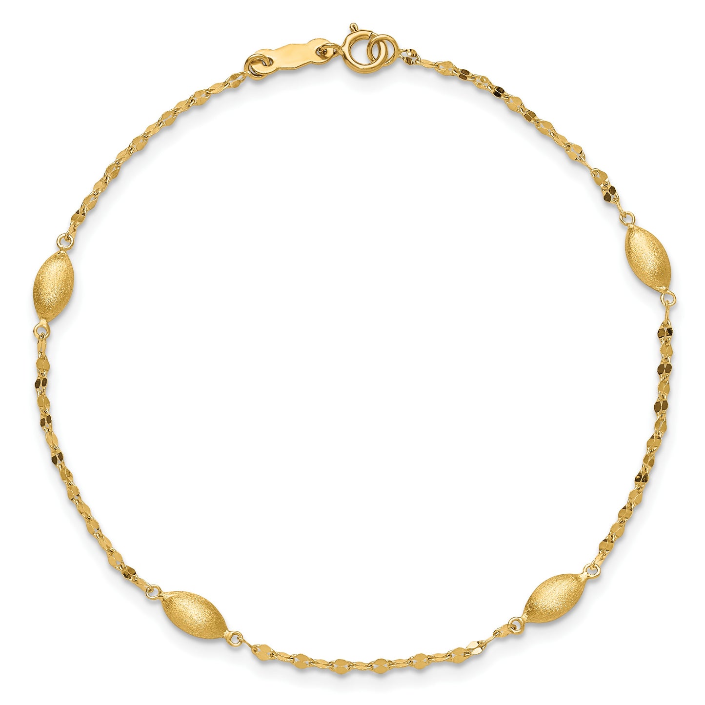 14k Diamond-cut Chain with Satin Oval Beads 7.5 inch Bracelet