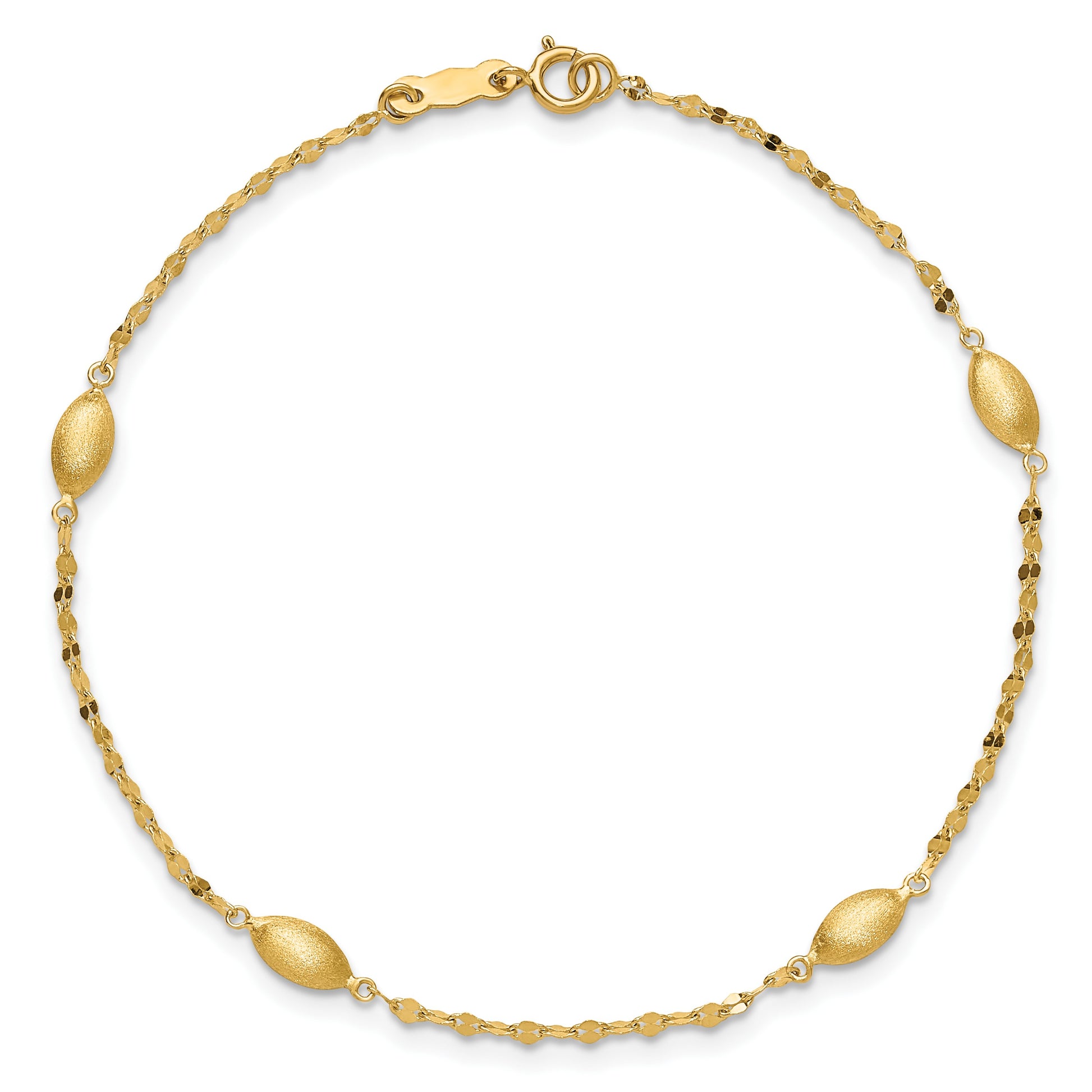14k Diamond-cut Chain with Satin Oval Beads 7.5 inch Bracelet