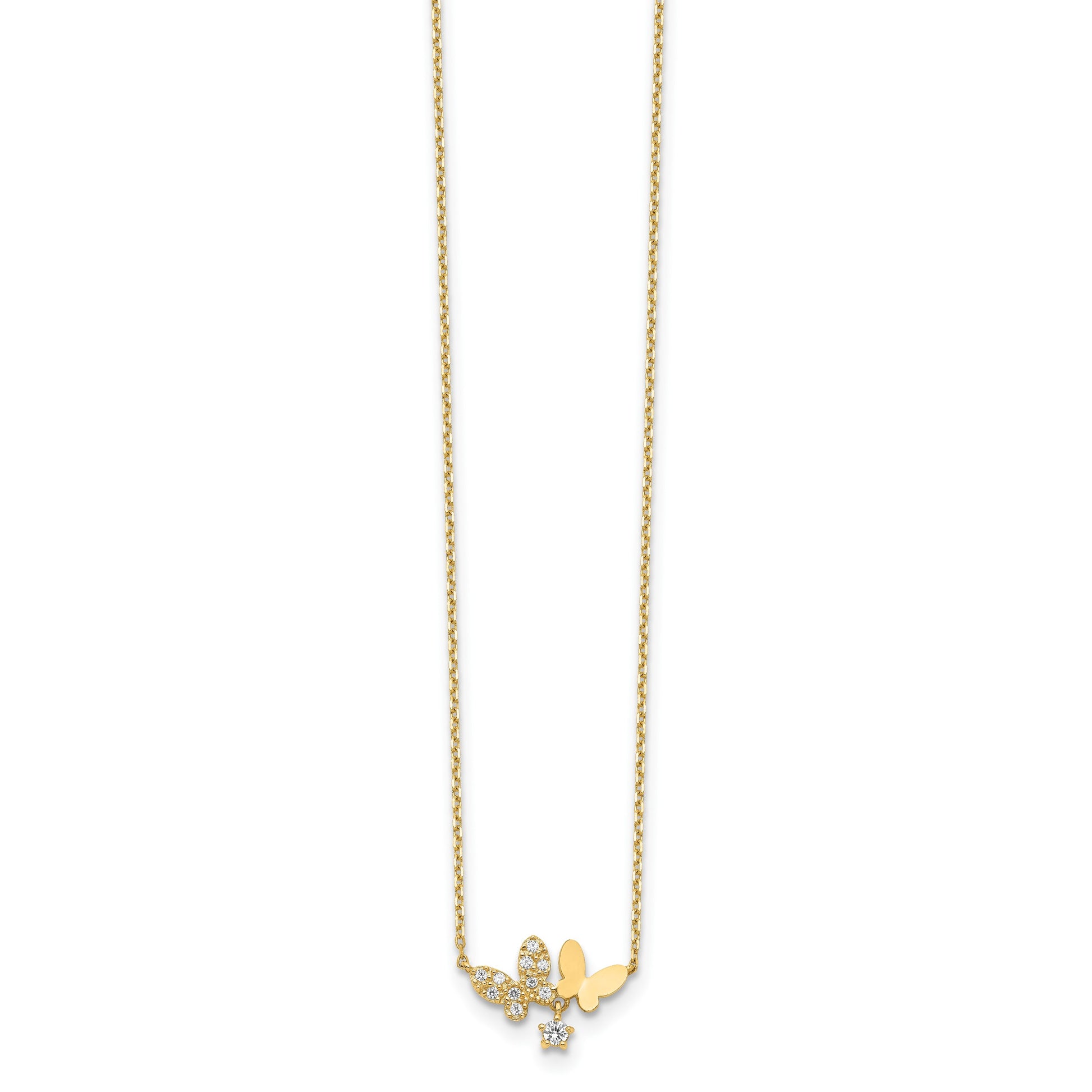 14K Polished CZ Butterflies and Star 18 inch Necklace Plus 2 inch Extender