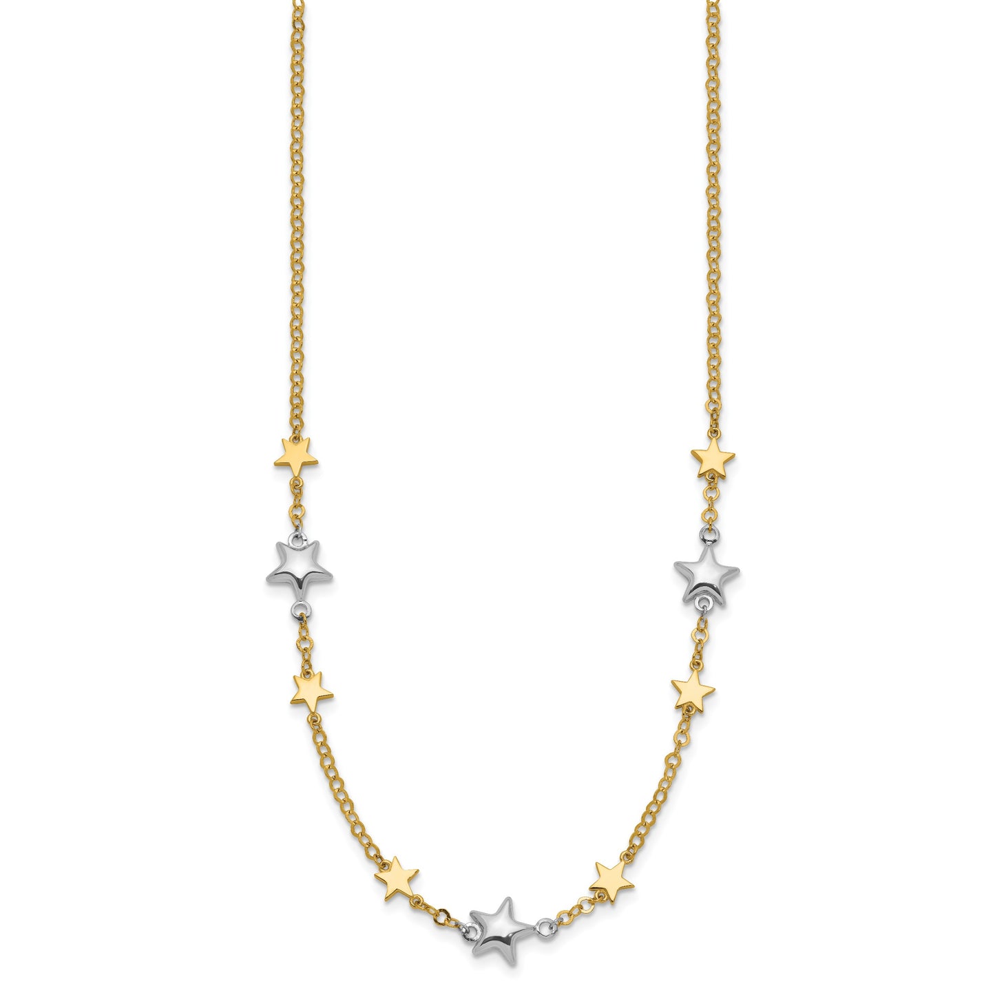 14K Two-Tone Polished Puffed and Flat Stars 17 inch Necklace Plus 1 inch Extender