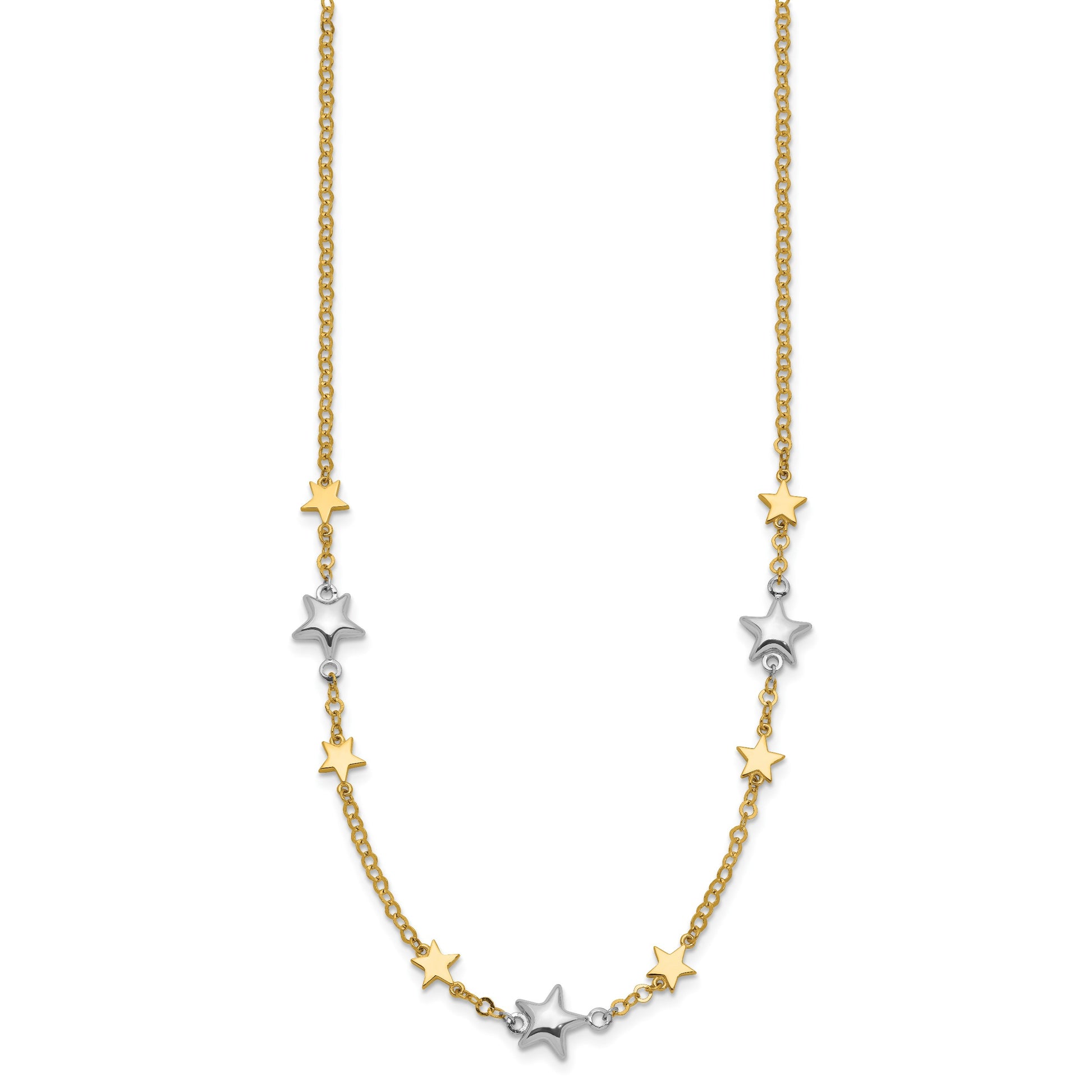 14K Two-Tone Polished Puffed and Flat Stars 17 inch Necklace Plus 1 inch Extender