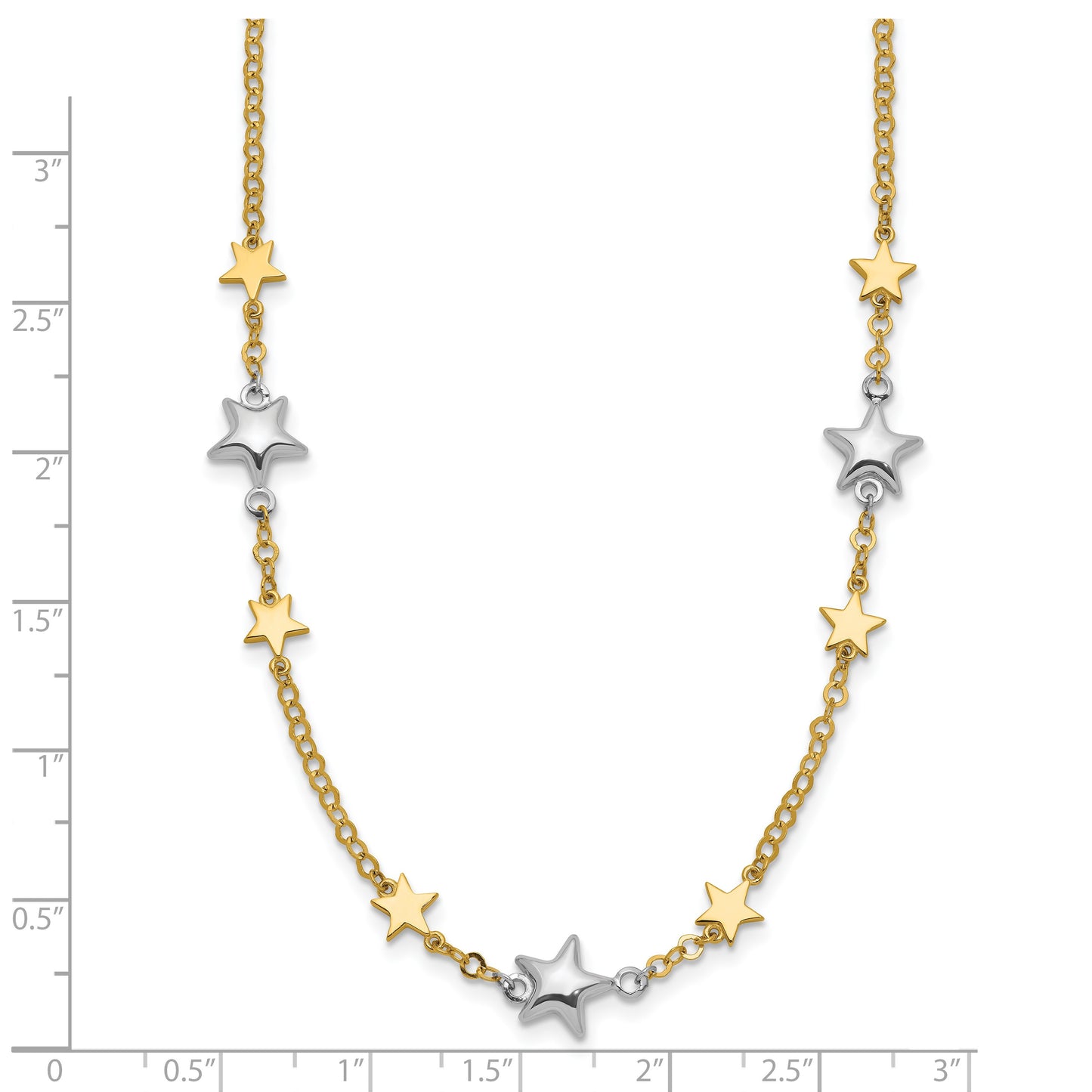 14K Two-Tone Polished Puffed and Flat Stars 17 inch Necklace Plus 1 inch Extender