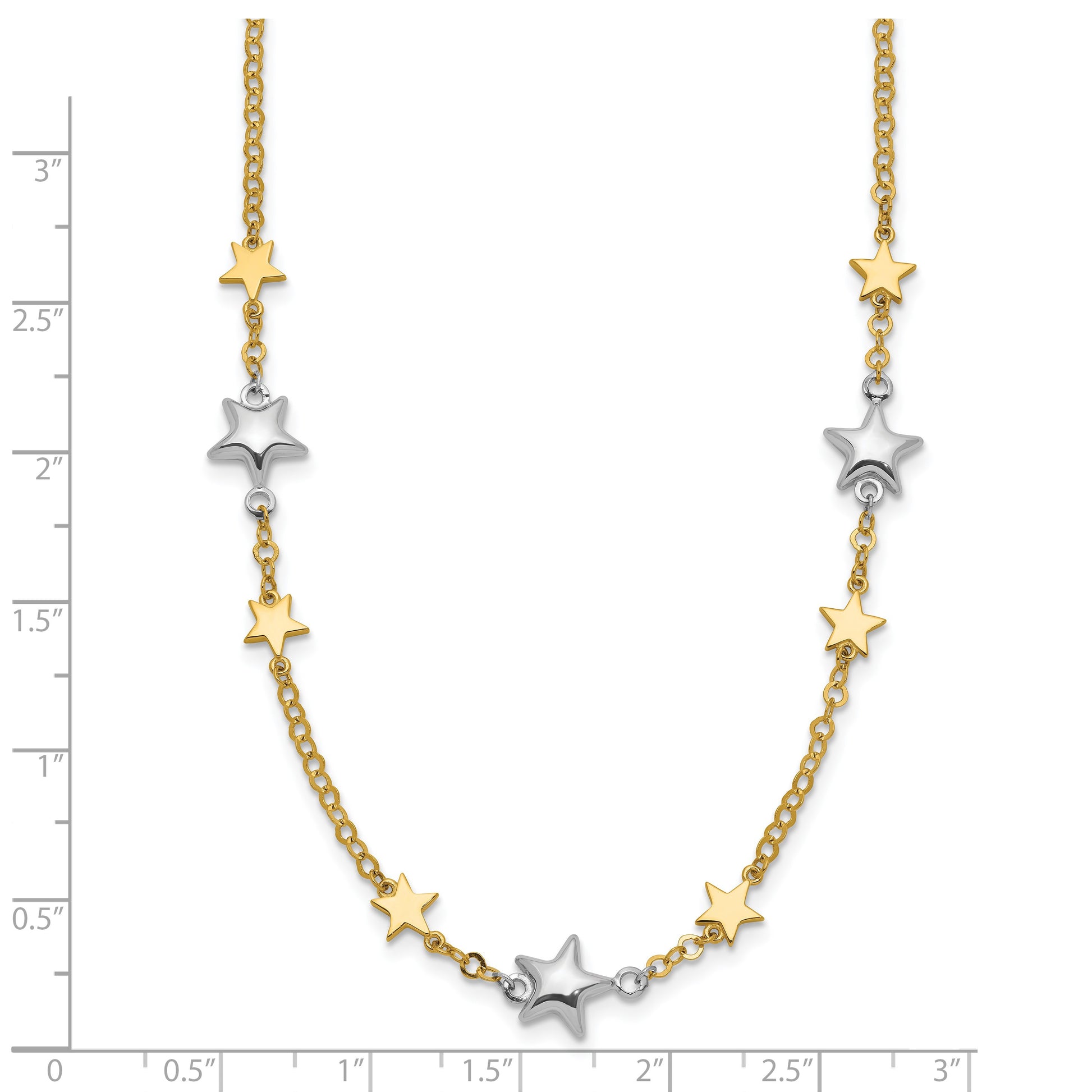 14K Two-Tone Polished Puffed and Flat Stars 17 inch Necklace Plus 1 inch Extender