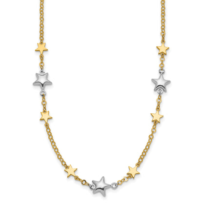 14K Two-Tone Polished Puffed and Flat Stars 17 inch Necklace Plus 1 inch Extender