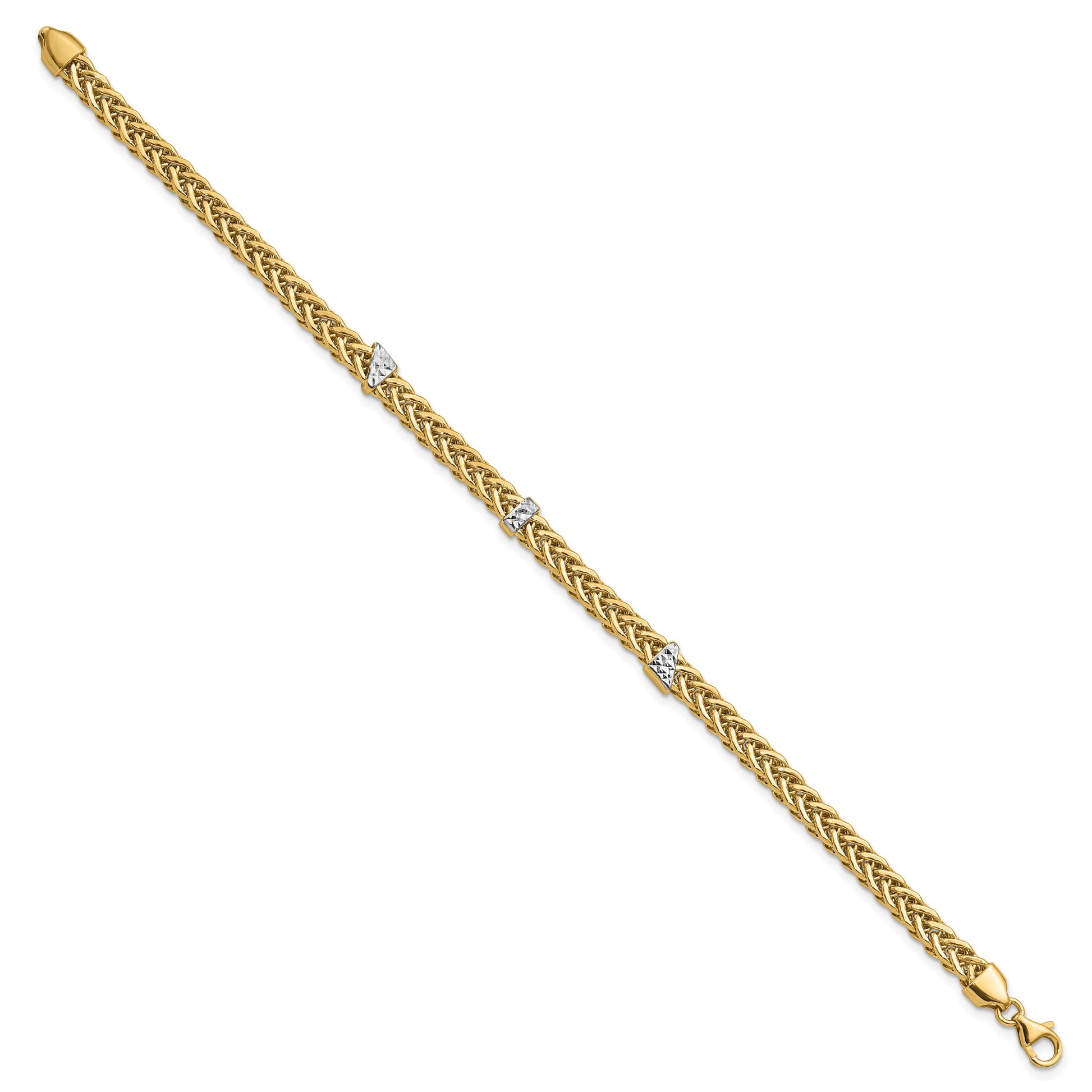 14K and  White Rhodium Polished 3.6mm Diamond-cut Flat Wheat 7.5 inch  Bracelet