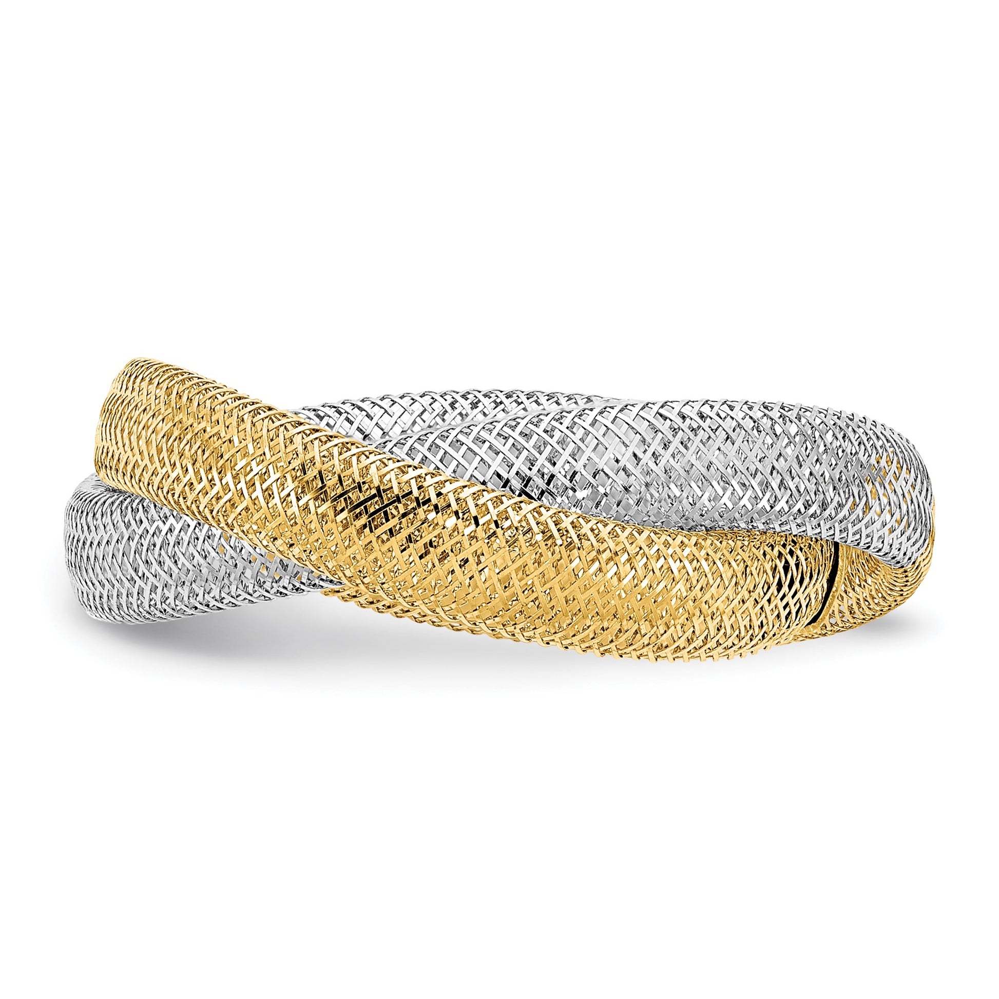 14K with White Rhodium 8mm Twisted Woven Mesh Stretch Ring