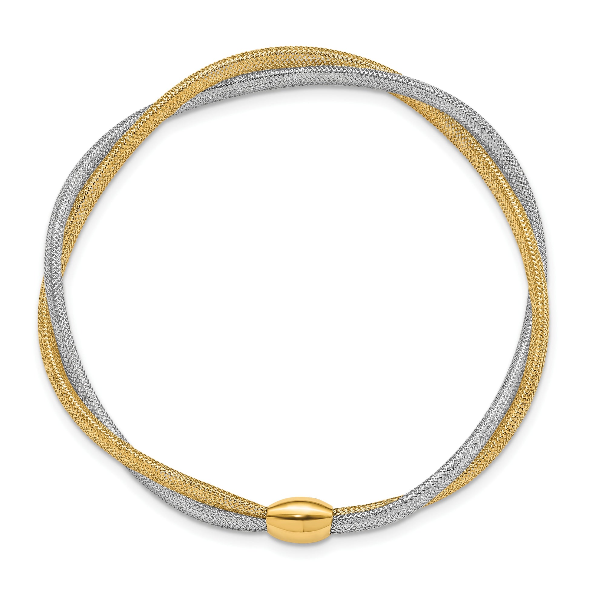 14K with White Rhodium Twisted Woven Mesh Slip-on Stretch Bracelet