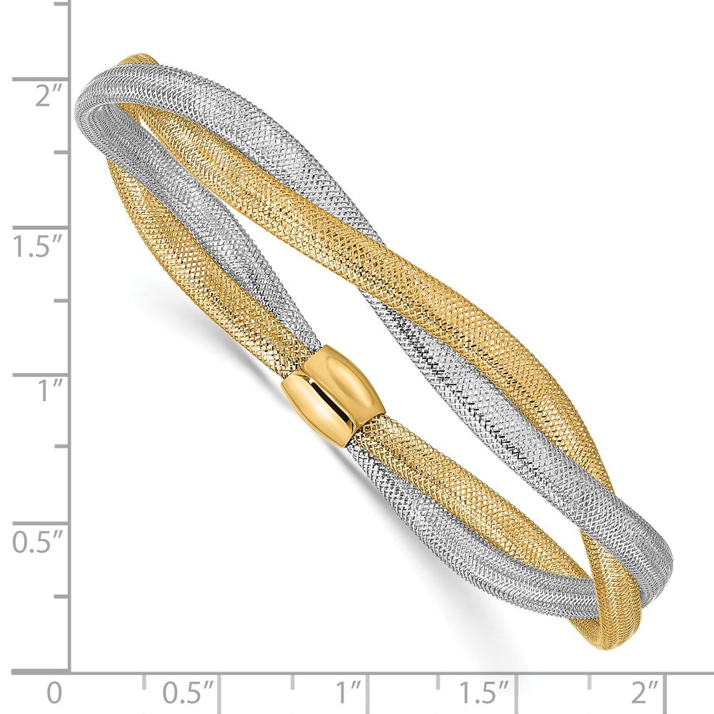 14K with Rhodium Twisted Woven Mesh Stretch Bracelet