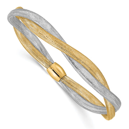 14K with White Rhodium Twisted Woven Mesh Slip-on Stretch Bracelet
