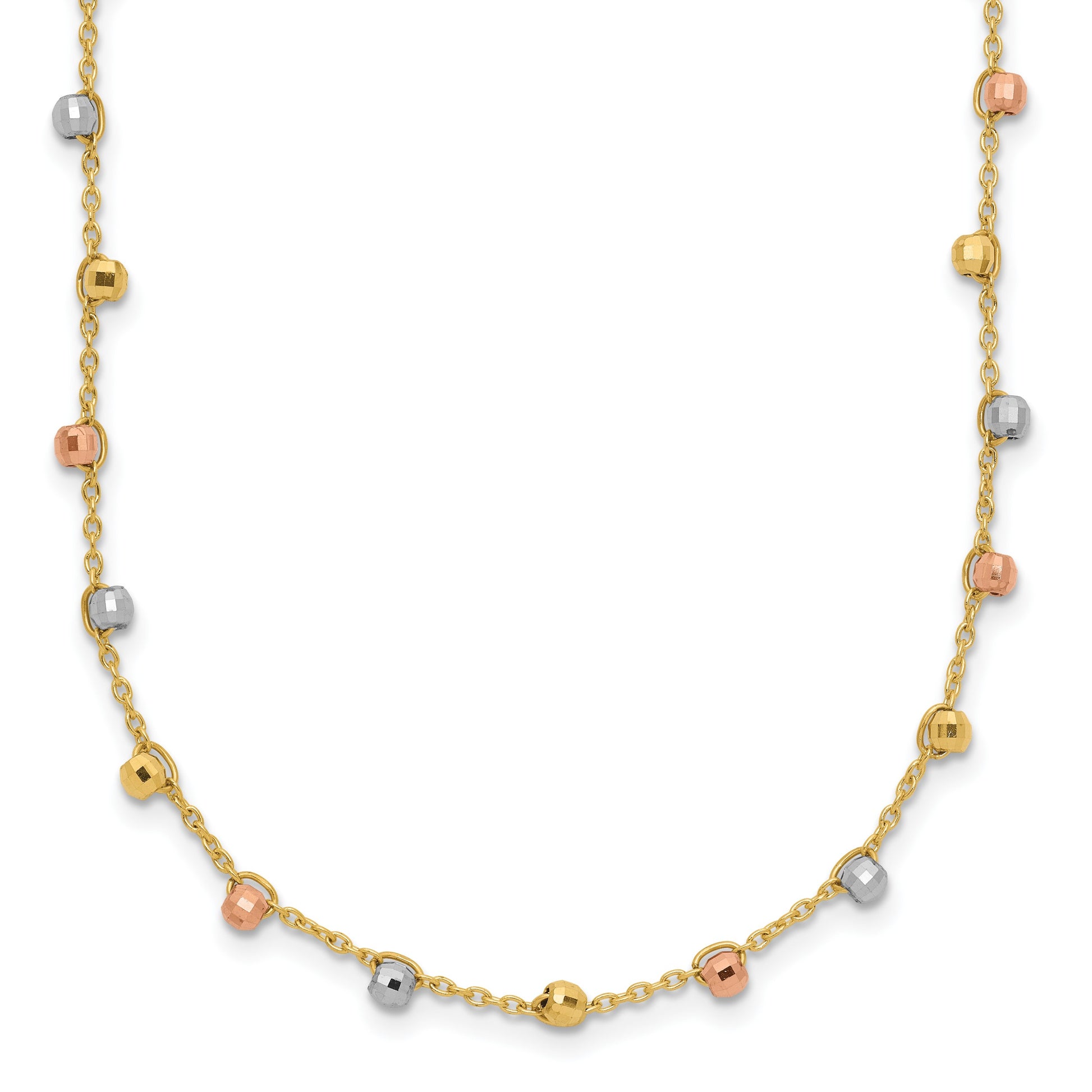 14K Tri-color Polished Diamond-cut Fancy Beaded 18 inch Necklace