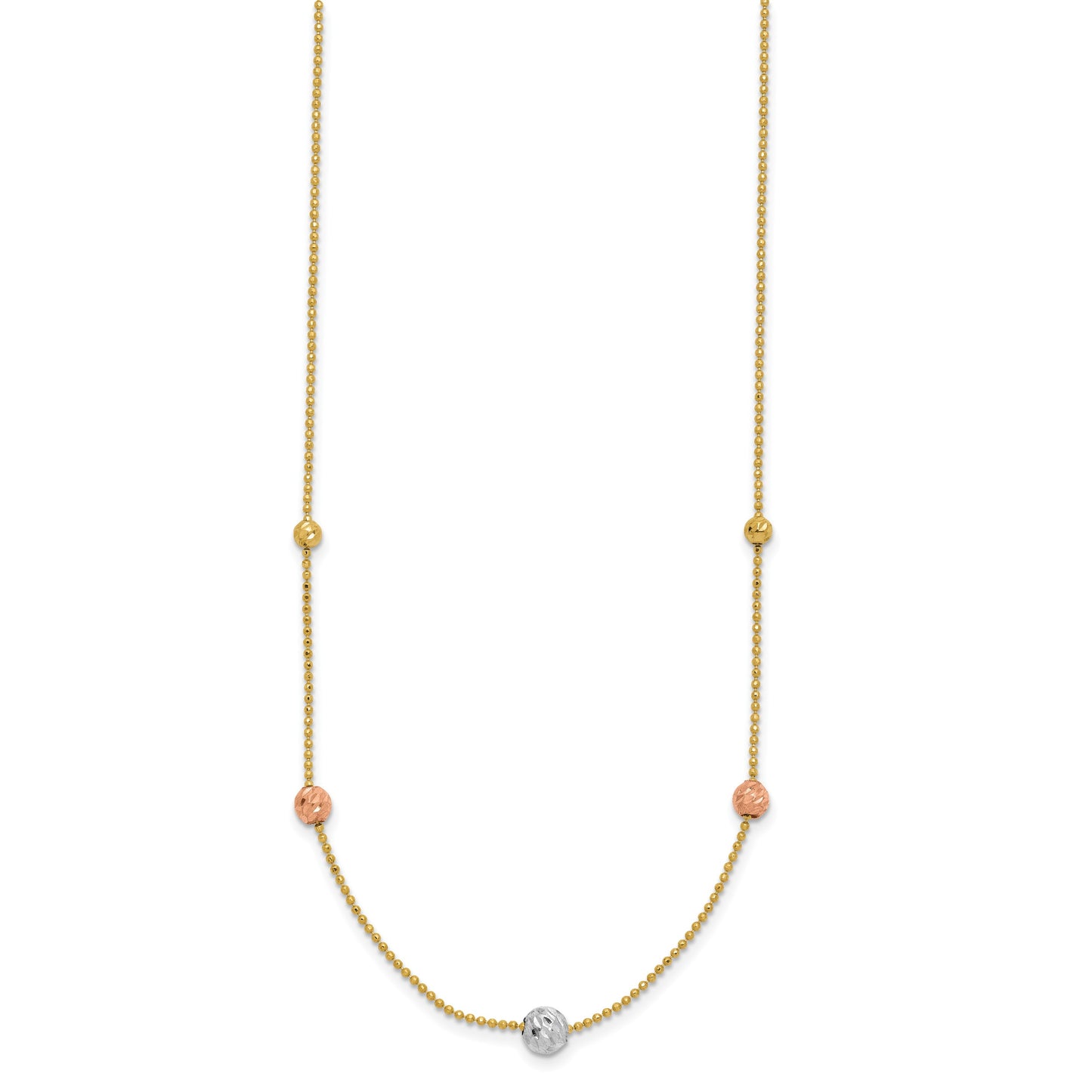 14K Tri-Color Diamond-cut Beads and Beaded Chain 18 inch Station Necklace
