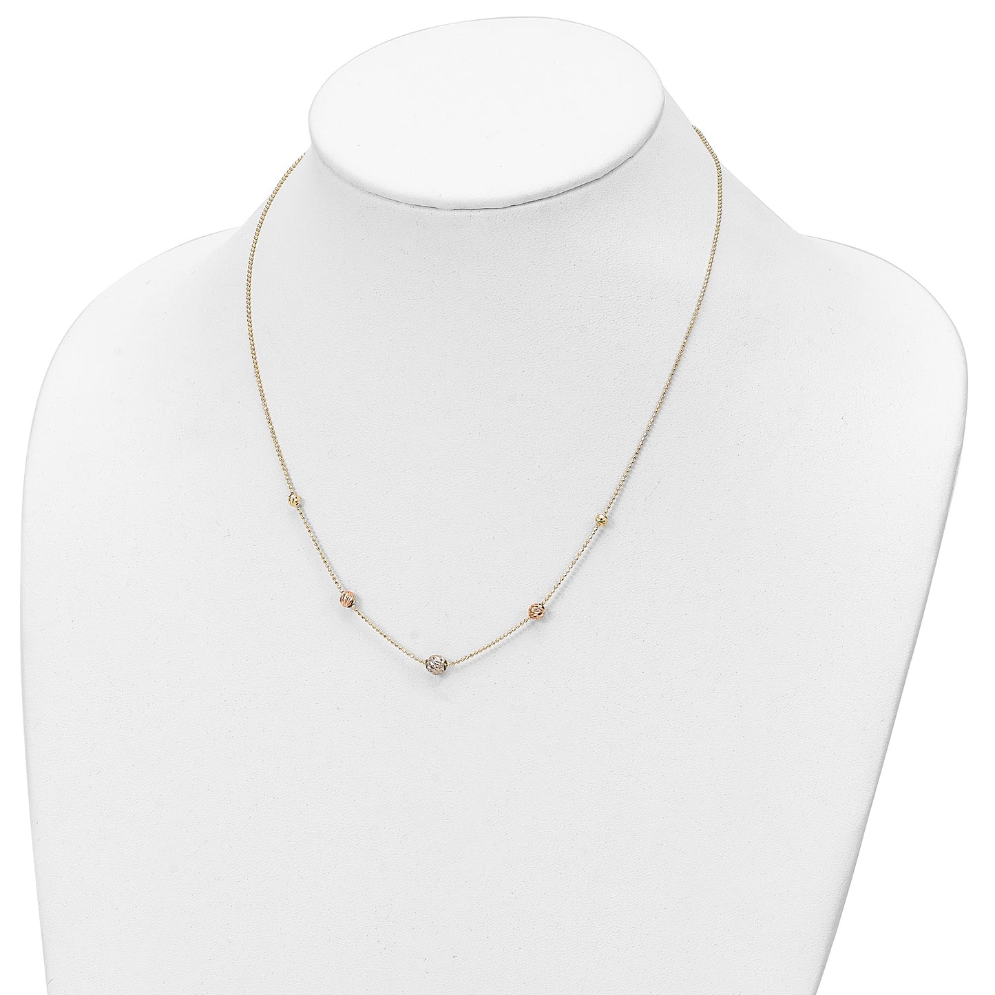 14K Tri-Color Diamond-cut Beads and Beaded Chain 18 inch Station Necklace