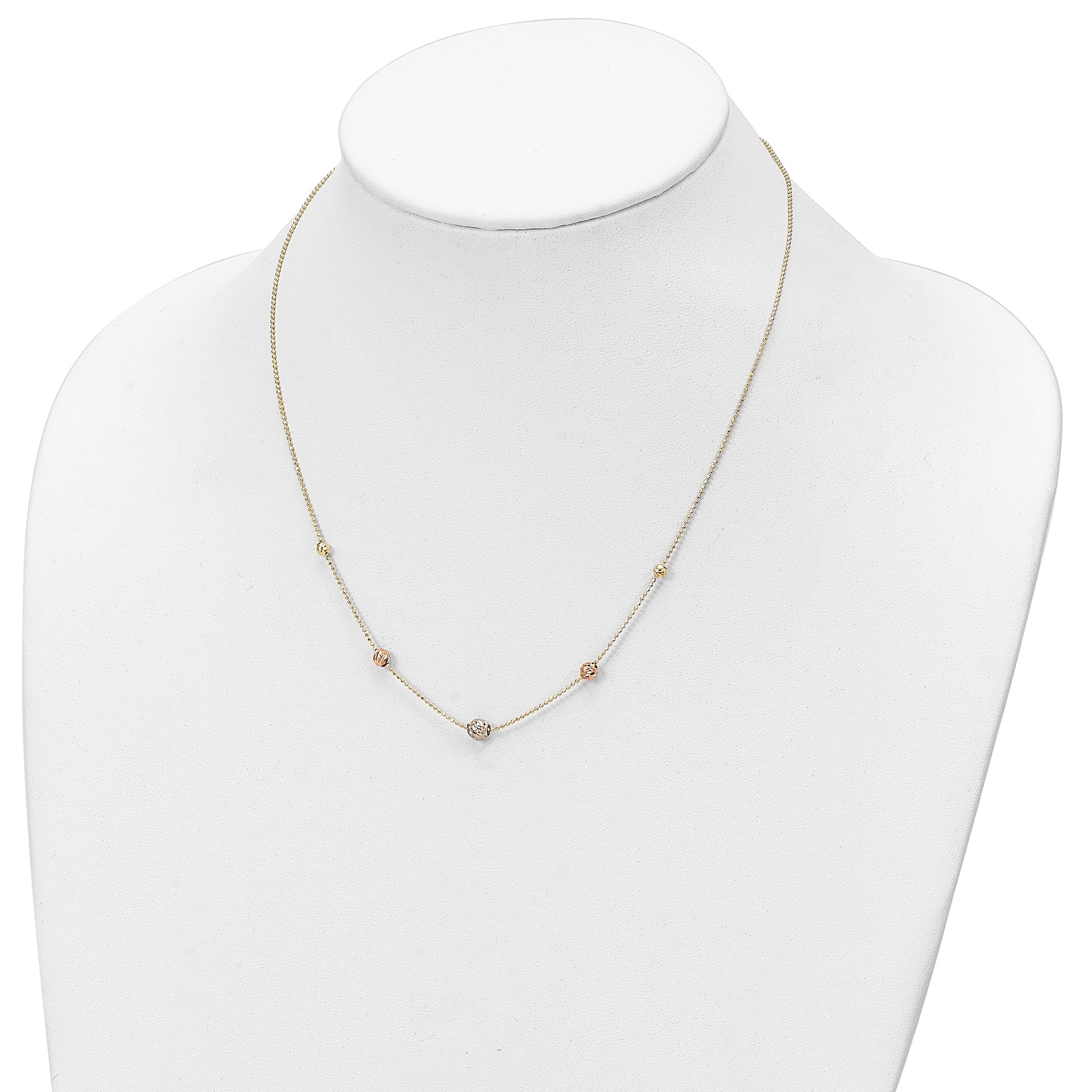 14K Tri-Color Diamond-cut Beads and Beaded Chain 18 inch Station Necklace