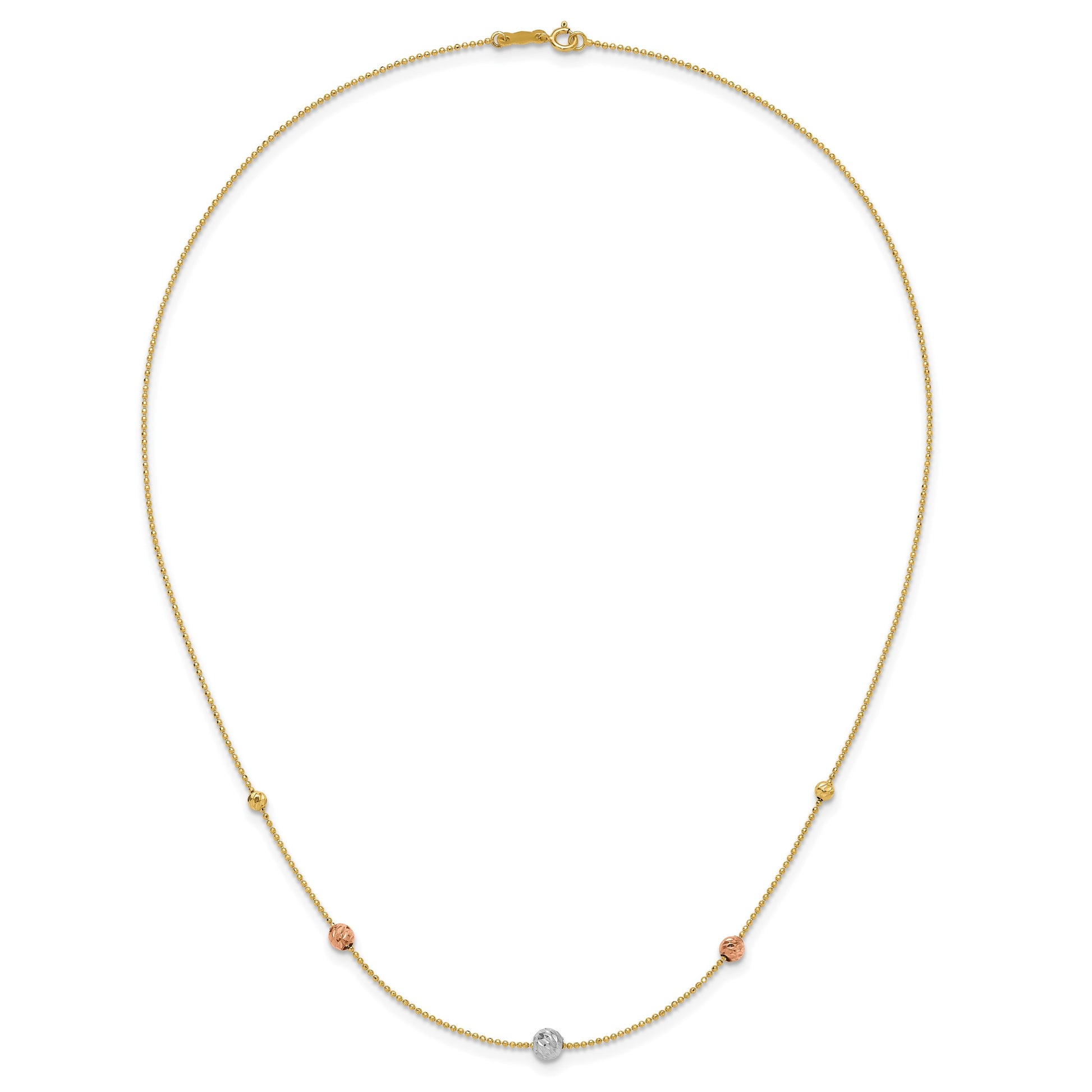 14K Tri-Color Diamond-cut Beads and Beaded Chain 18 inch Station Necklace