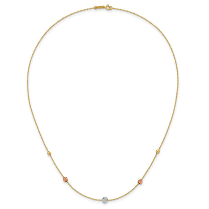 14K Tri-Color Diamond-cut Beads and Beaded Chain 18 inch Station Necklace