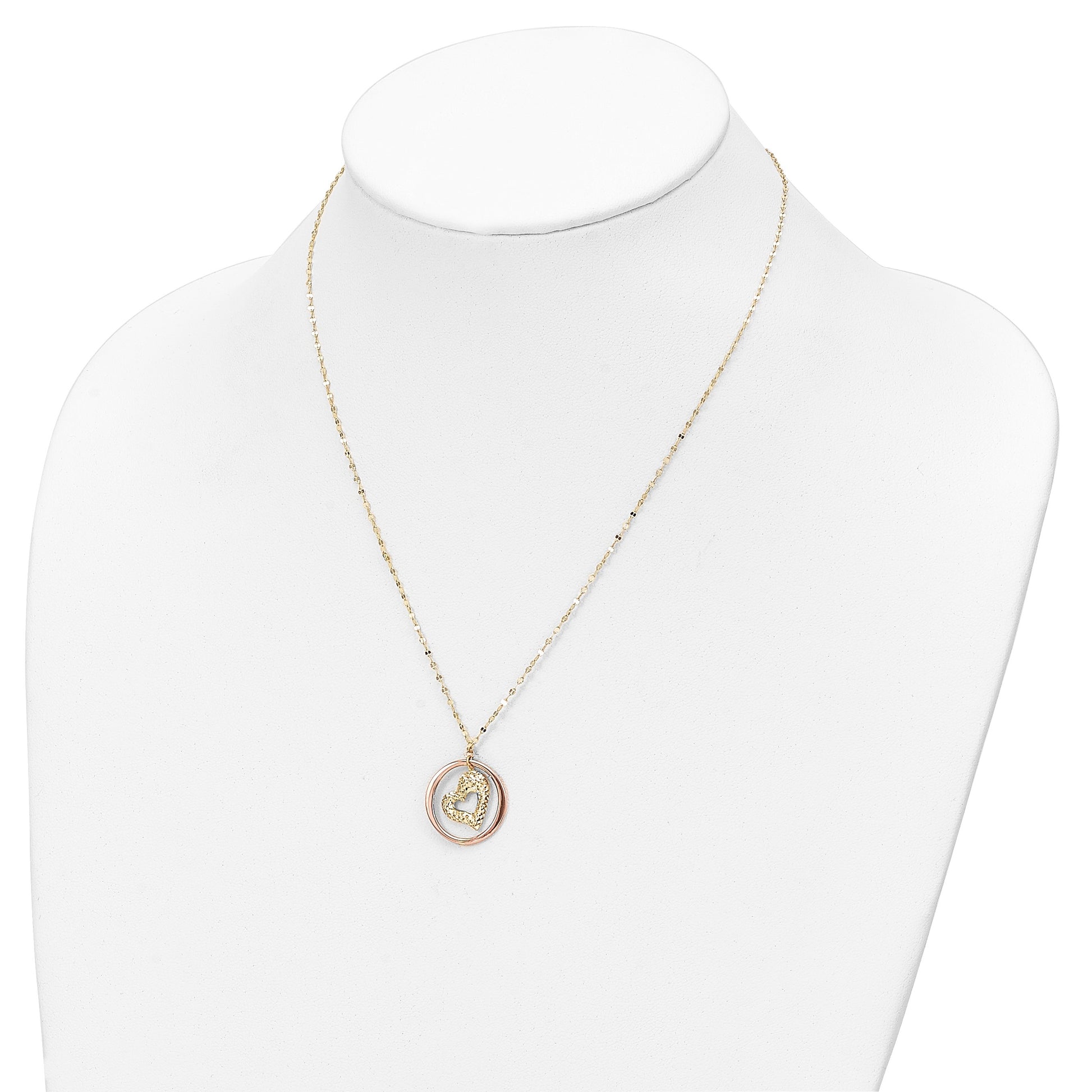 14K Two-tone Fancy Diamond-cut Heart in Open Circle Pendant 18 inch Necklace