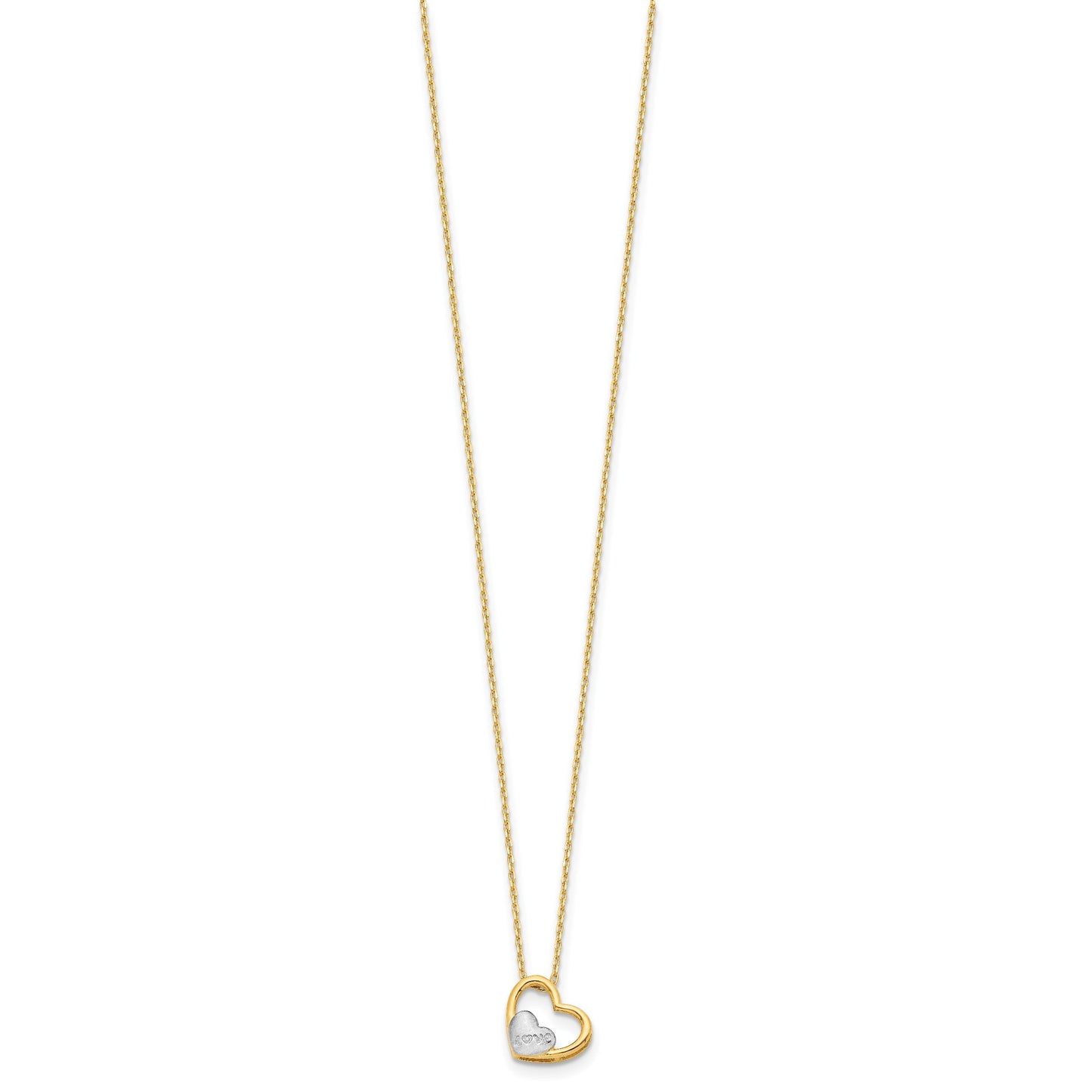 14K and White Rhodium Polished Heart with Satin LOVE Heart 17 inch Necklace
