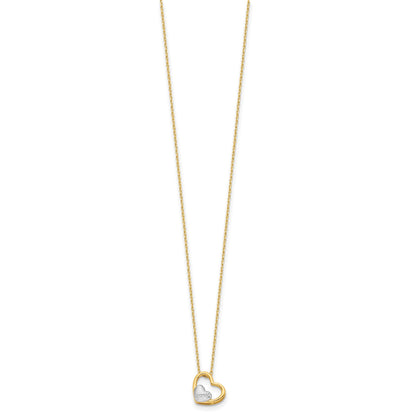 14K and White Rhodium Polished Heart with Satin LOVE Heart 17 inch Necklace